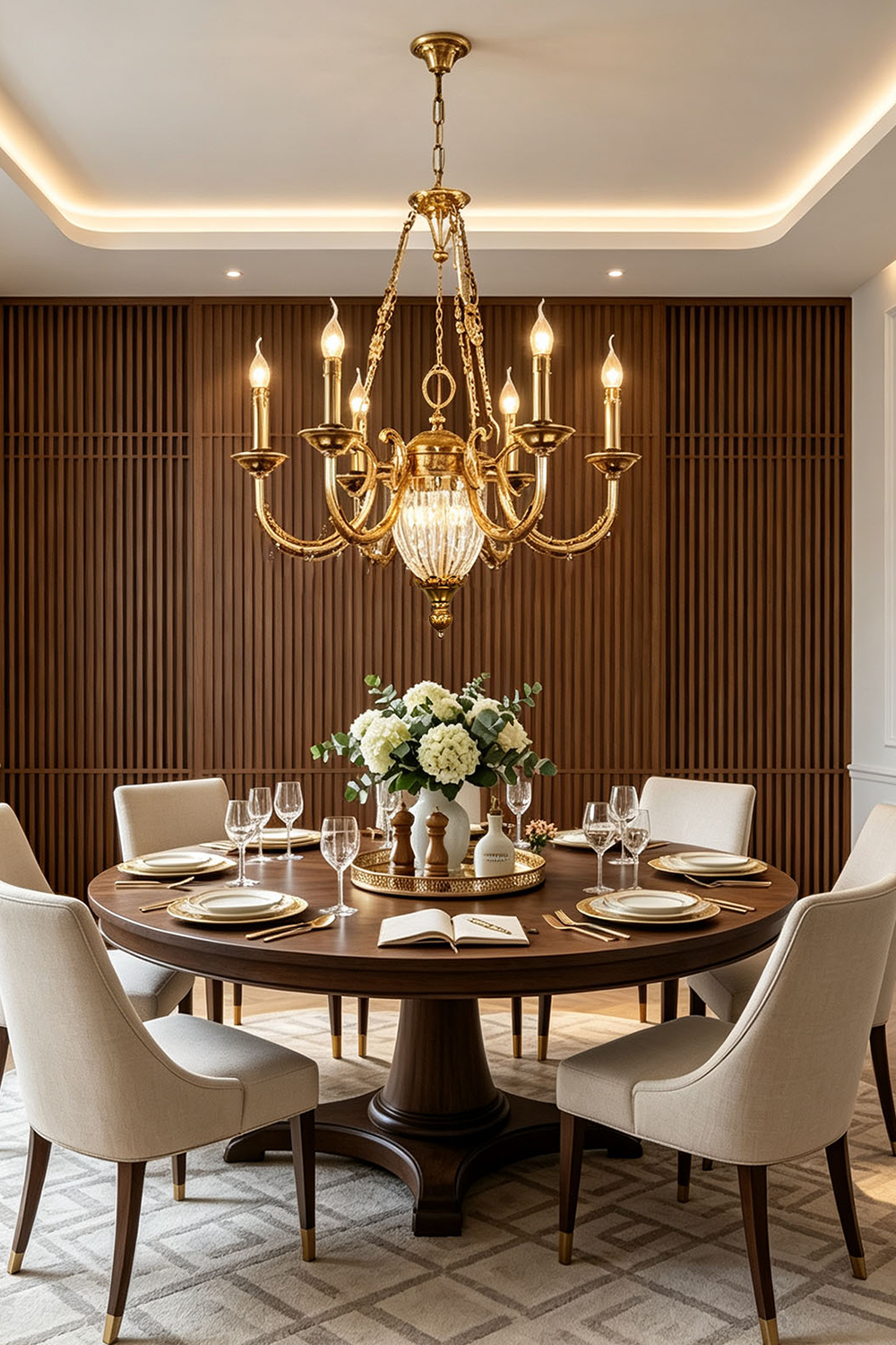 Lucienne Fluted Glass Urn Brass Chandelier illuminating a stylish dining room with round table and elegant chairs.