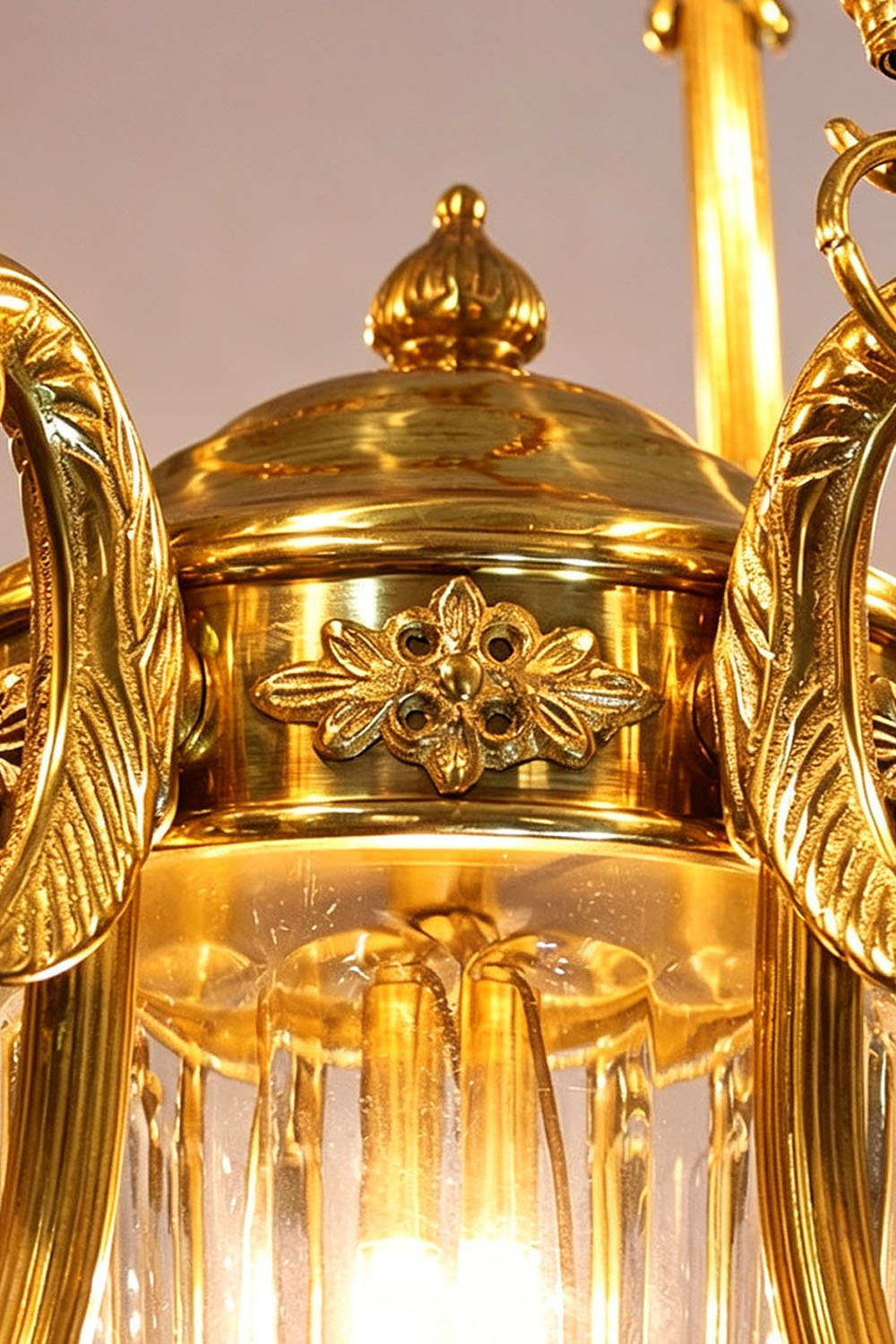 Lucienne Fluted Glass Urn Brass Chandelier detailed view showcasing ornate brass design and fluted glass elements.