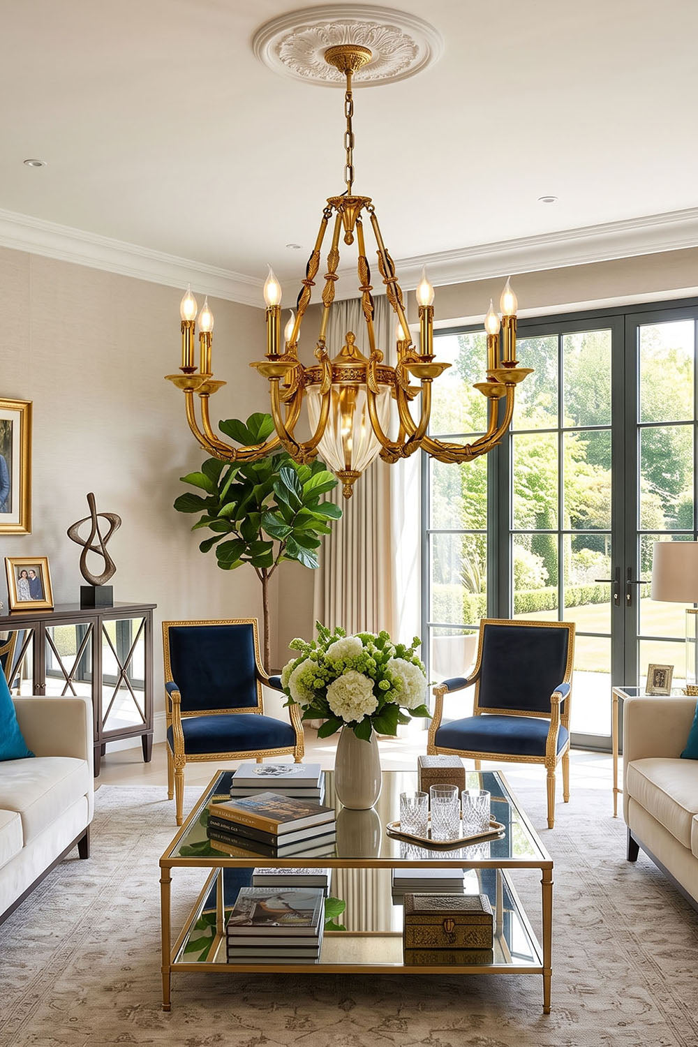 Lucienne Fluted Glass Urn Brass Chandelier illuminating a stylish living room with elegant furniture and decor.