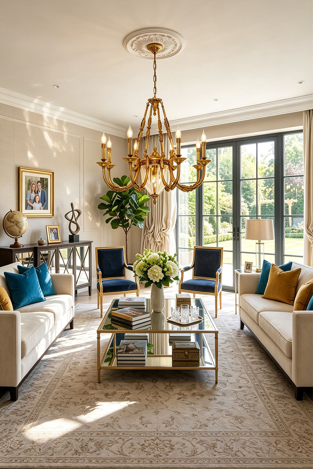 Lucienne Fluted Glass Urn Brass Chandelier in a stylish living room with elegant decor and modern furnishings.