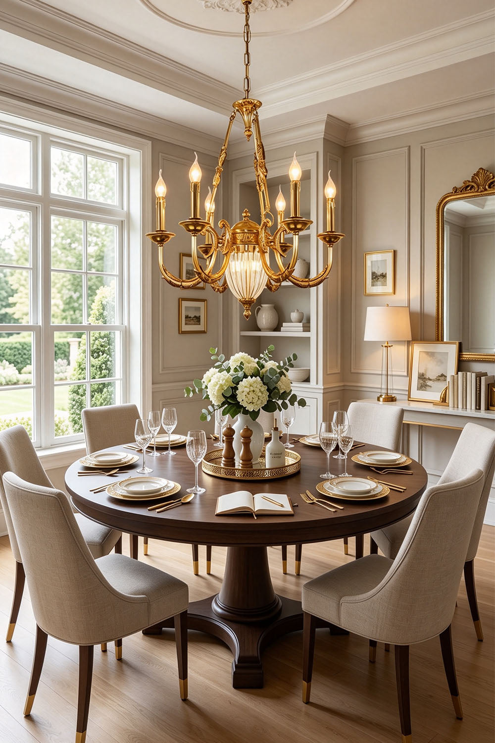 Lucienne Fluted Glass Urn Brass Chandelier hanging over a beautifully set dining table in an elegant room.