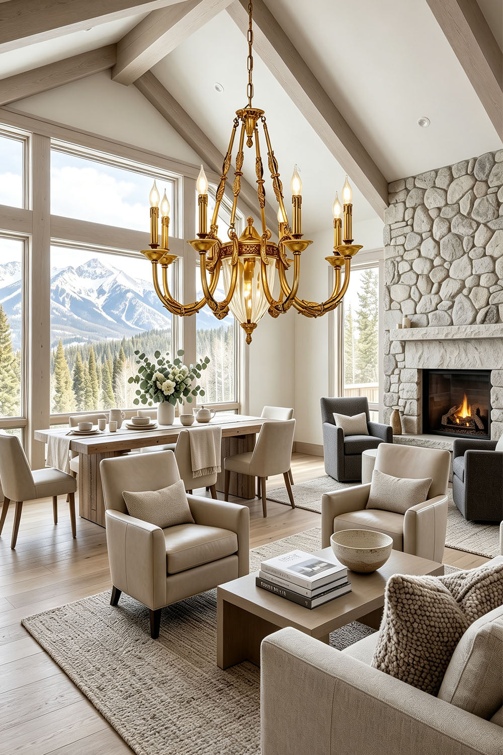 Lucienne Fluted Glass Urn Brass Chandelier hanging in a stylish modern living room with mountain views.