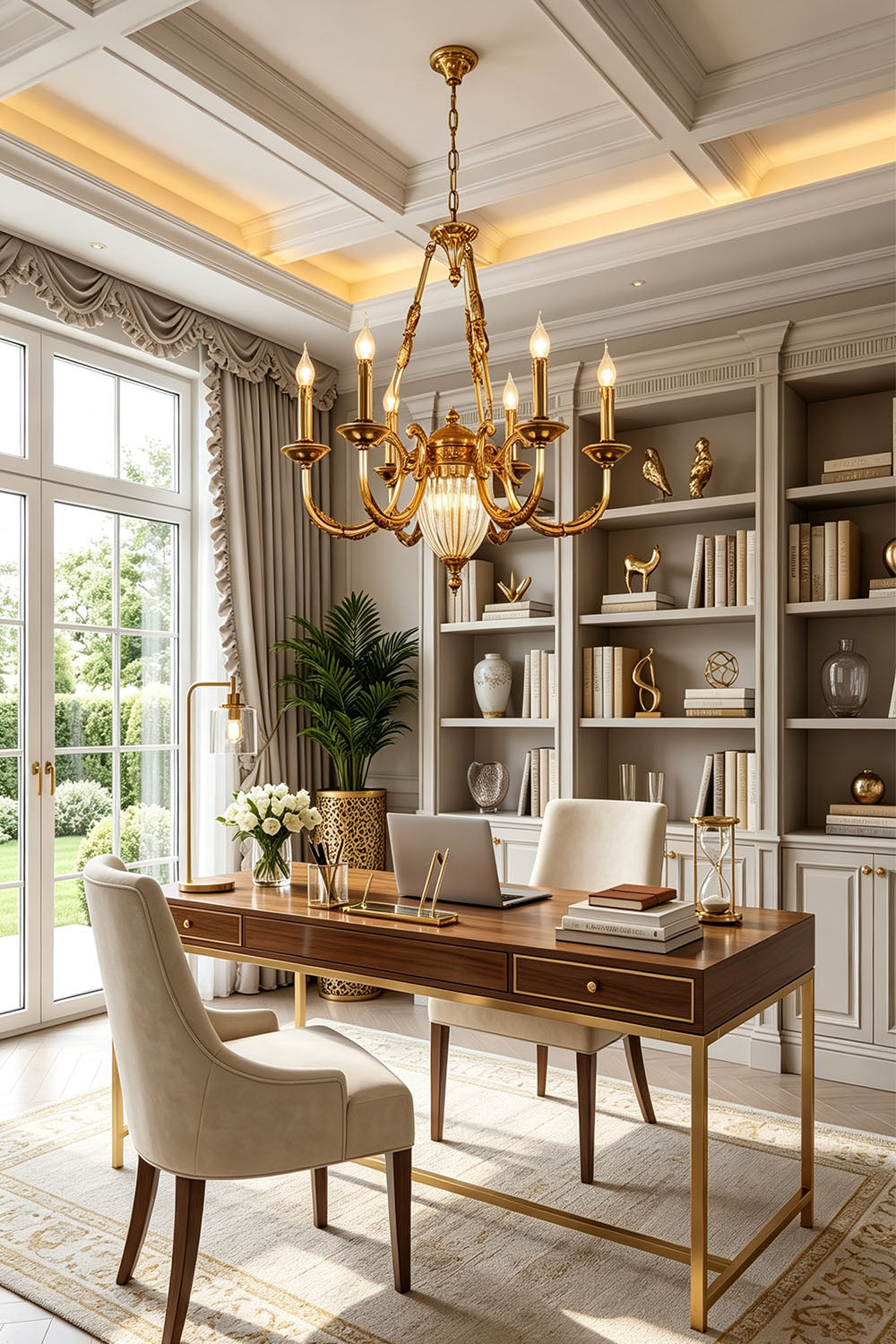 Lucienne Fluted Glass Urn Brass Chandelier hangs in a stylish home office setting with a wooden desk and elegant decor.