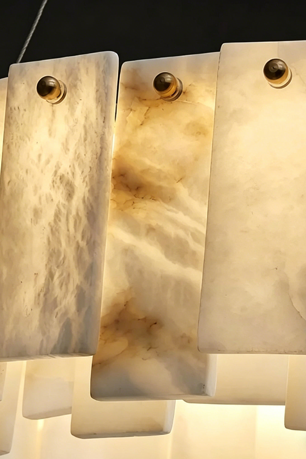 Chandelier Detail | Alabaster, Brass | Close-up of translucent alabaster slats and pins | Samu Lamp