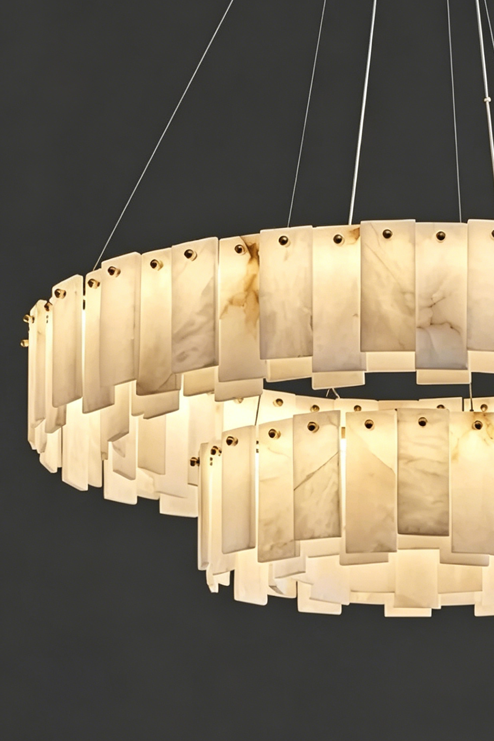 Chandelier Detail | Alabaster, Brass | Side perspective of lit two-tier structure | Samu Lamp