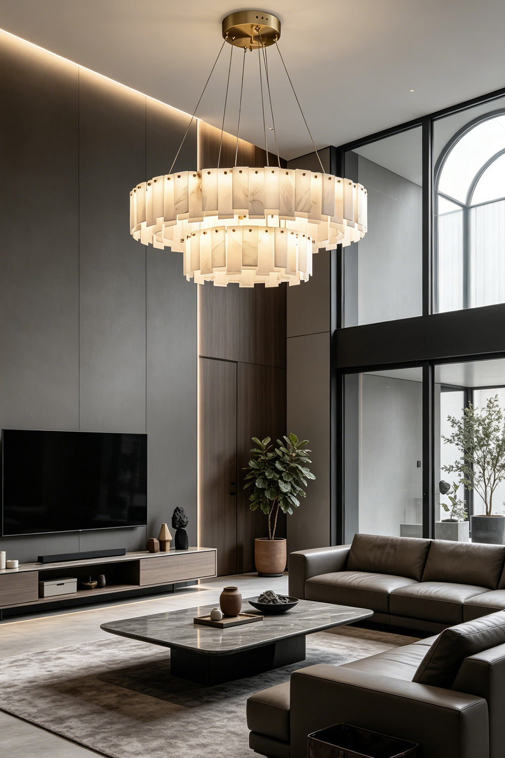 Luminous Alabaster Halcyon Chandelier | Alabaster, Brass | Feature lighting in spacious high-ceiling lounge | Samu Lamp