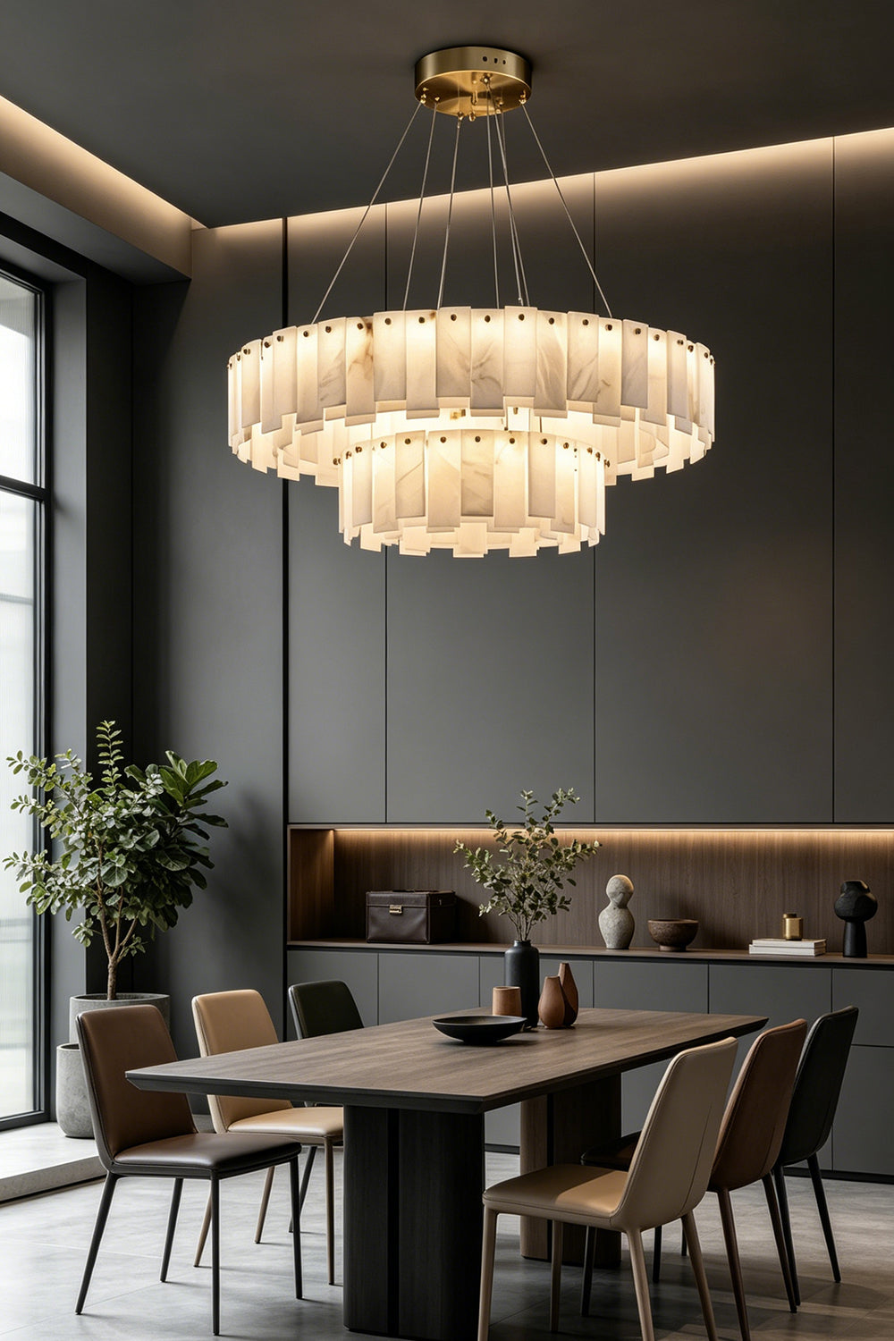 Luminous Alabaster Halcyon Chandelier | Alabaster, Brass | Double-tier fixture over long dining table | Samu Lamp