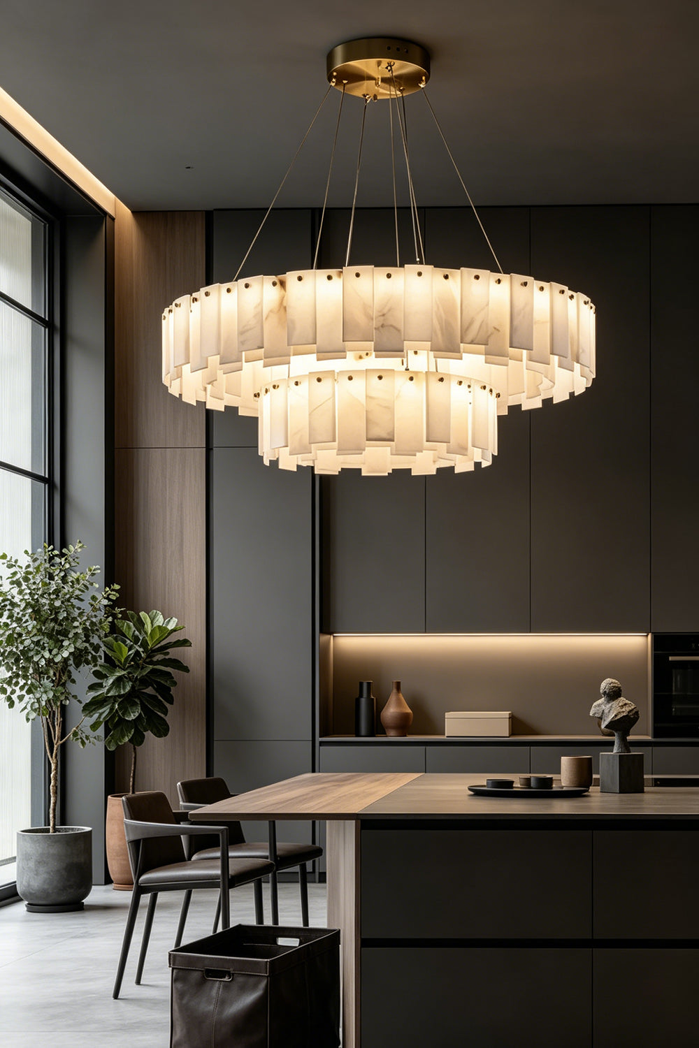 Luminous Alabaster Halcyon Chandelier | Alabaster, Brass | Luxury lighting over contemporary kitchen island | Samu Lamp