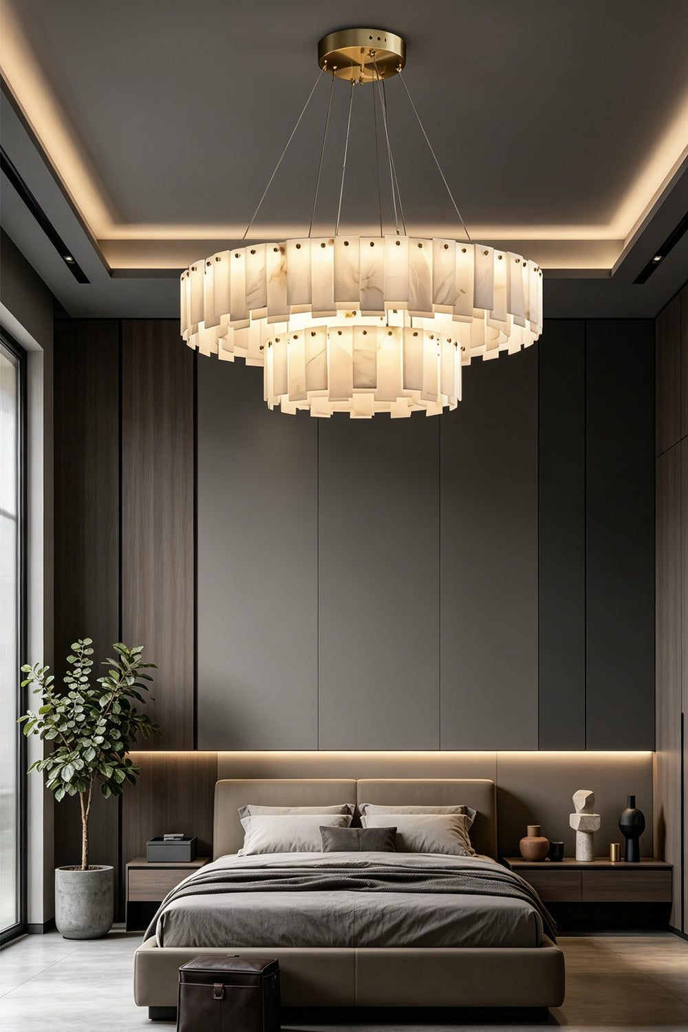 Luminous Alabaster Halcyon Chandelier | Alabaster, Brass | Two-tier chandelier in upscale bedroom setting | Samu Lamp