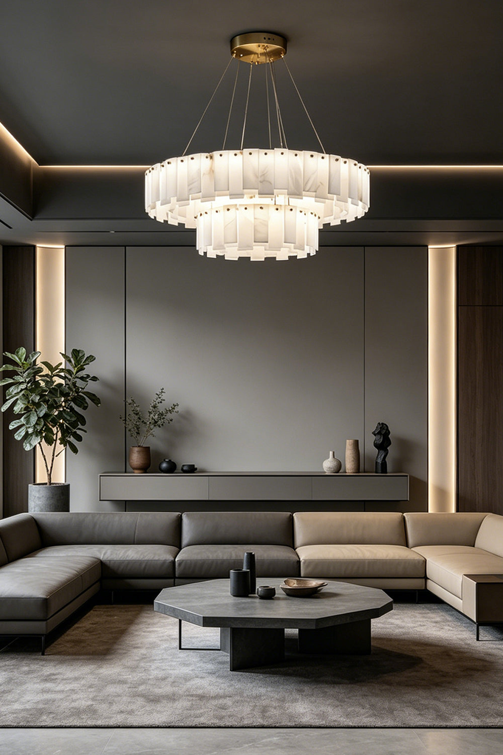 Luminous Alabaster Halcyon Chandelier | Alabaster, Brass | Two-tier version in modern dark living room | Samu Lamp