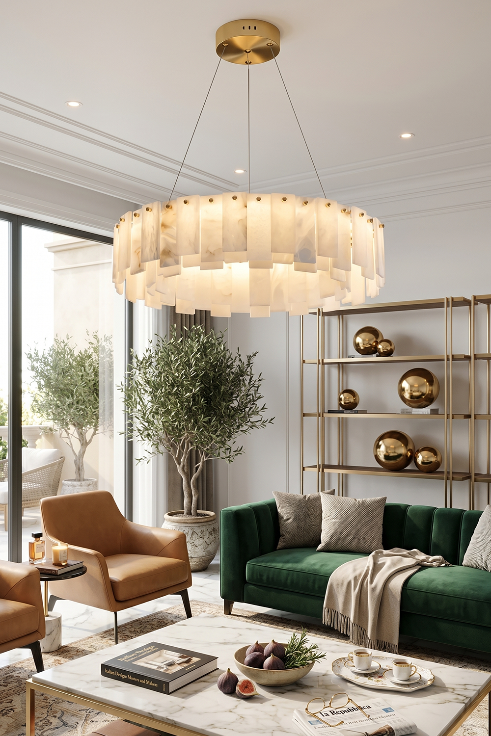 Luminous Alabaster Halcyon Chandelier | Alabaster, Brass | Single-tier pendant in bright living area with green sofa | Samu Lamp