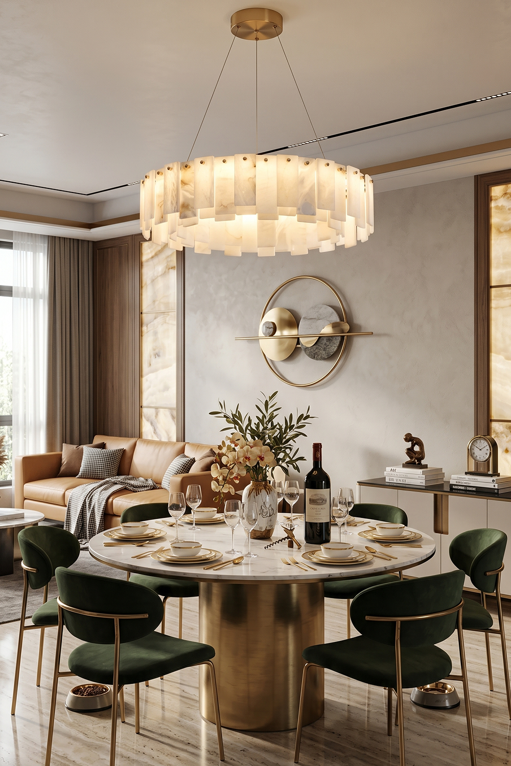 Luminous Alabaster Halcyon Chandelier | Alabaster, Brass | Elegant lighting over circular dining set | Samu Lamp