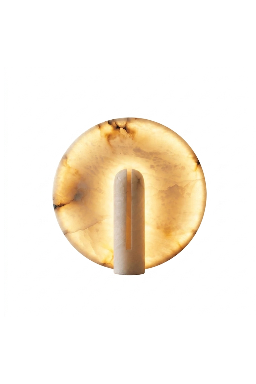 Lunar Horizon Alabaster Table Lamp | Alabaster | Lit circular disc with central bar | Isolated on white | Samu Lamp