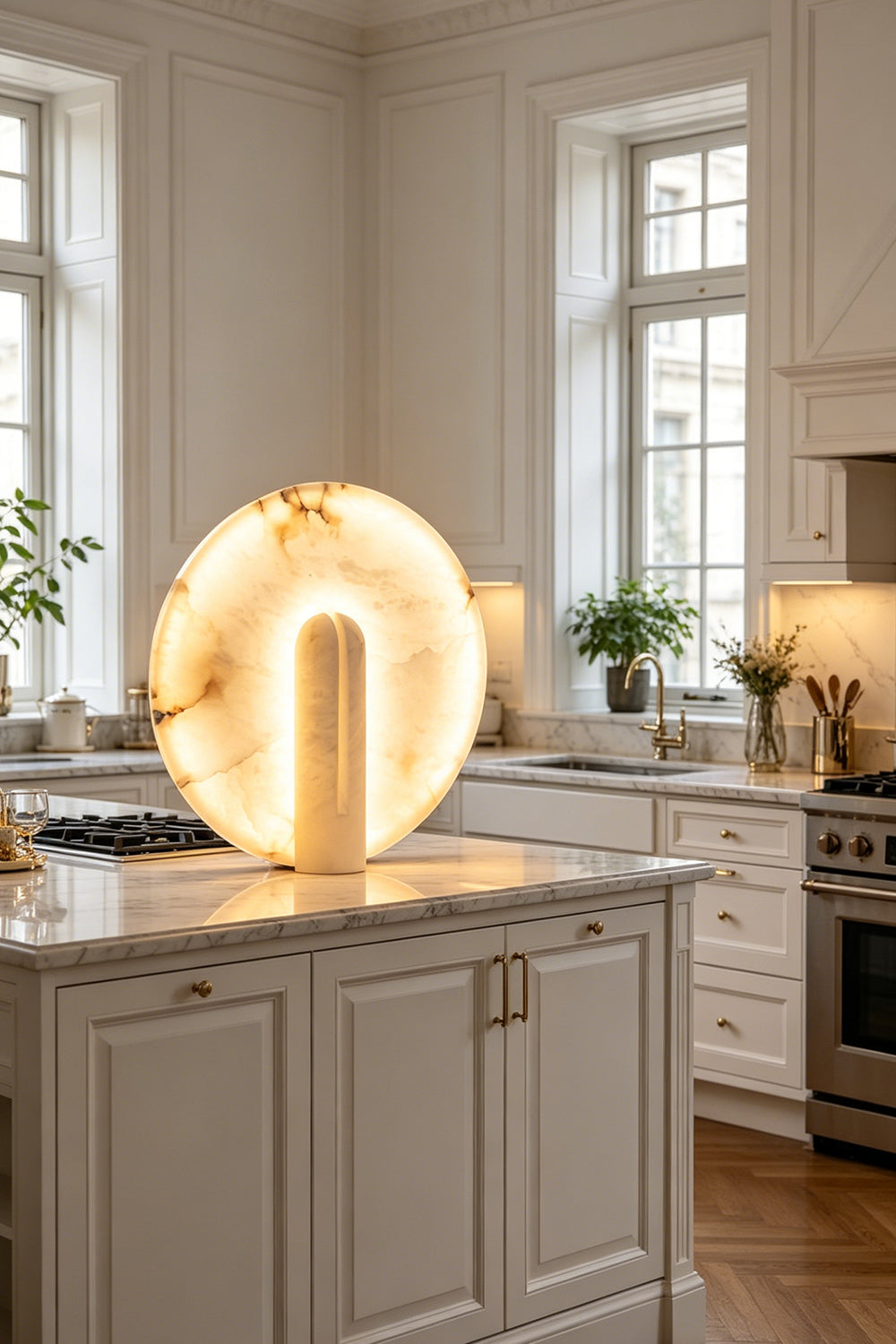 Lunar Horizon Alabaster Table Lamp | Alabaster | Accent lighting on white kitchen island | Samu Lamp