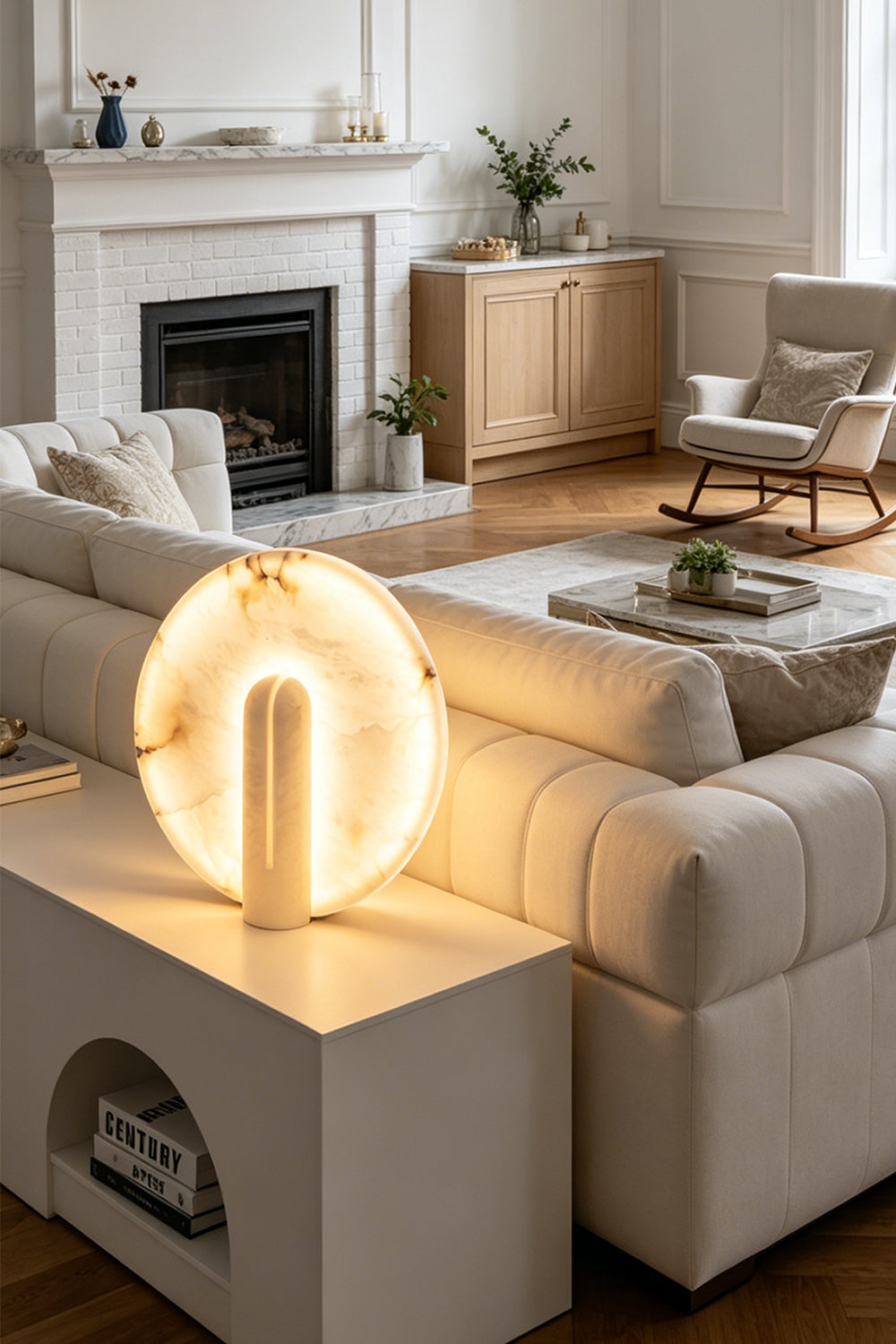 Lunar Horizon Alabaster Table Lamp | Alabaster | Lit on side table near sofa and fireplace | Samu Lamp