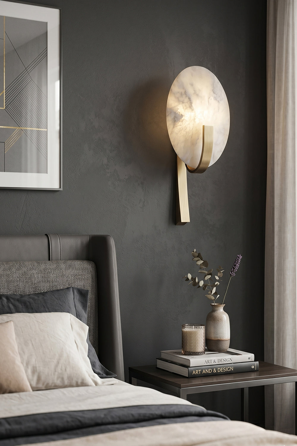 Bedside lighting with Lunar Veil lamp | Bedroom on dark wall | Casting warm glow above bedside table | Samu Lamp
