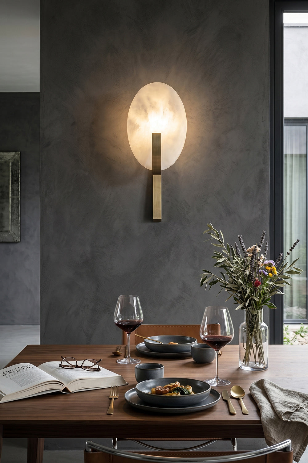 Pair of Lunar Veil wall lamps | Bedroom on textured wall | Positioned above queen bed, bedside tables | Samu Lamp