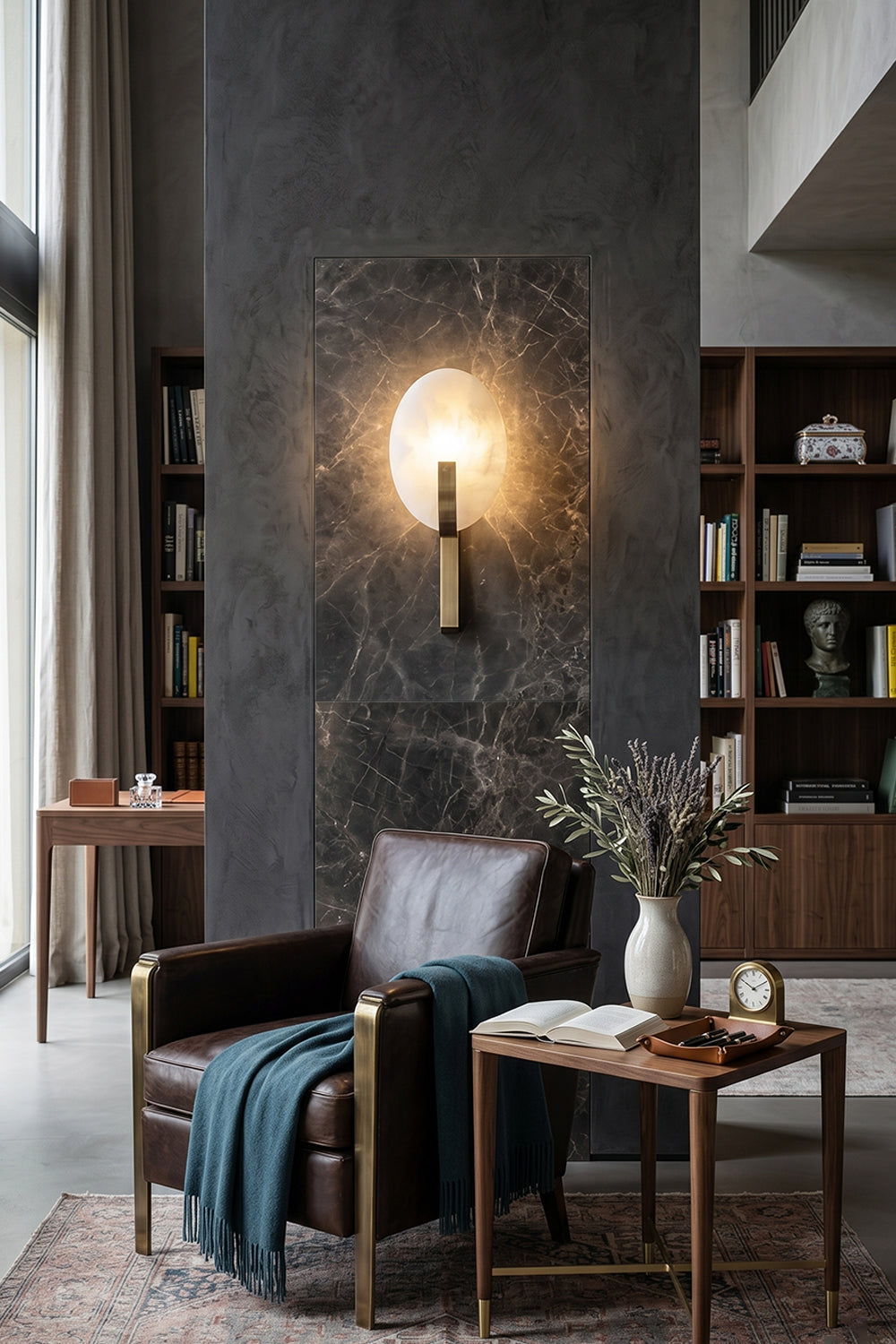Decorative wall lighting in a lounge | Living room on dark wall | Near leather armchair and window, warm light | Samu Lamp