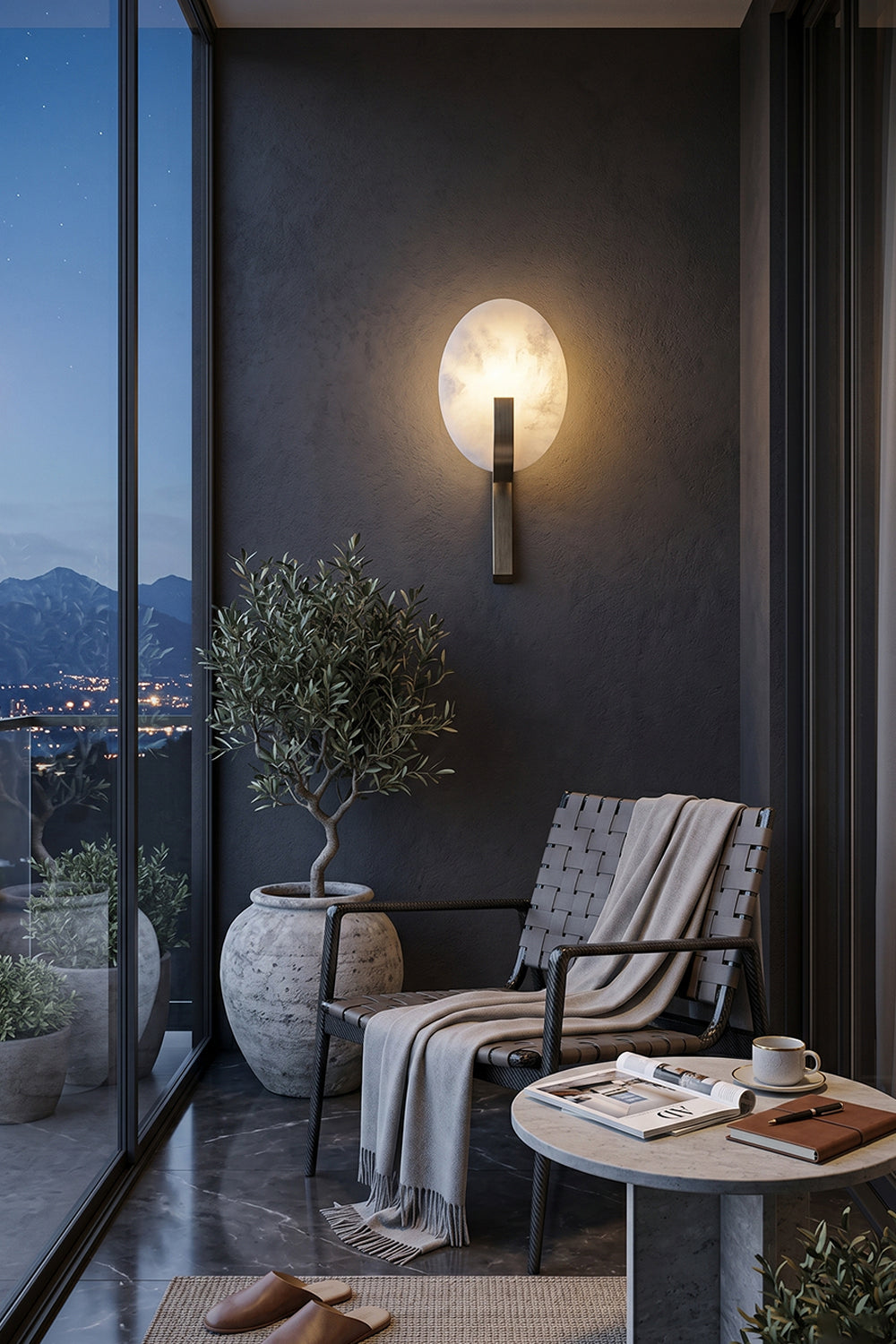 Under-cabinet lighting style wall lamp | Kitchen scene on dark wall | Over marble counter next to white cabinets | Samu Lamp