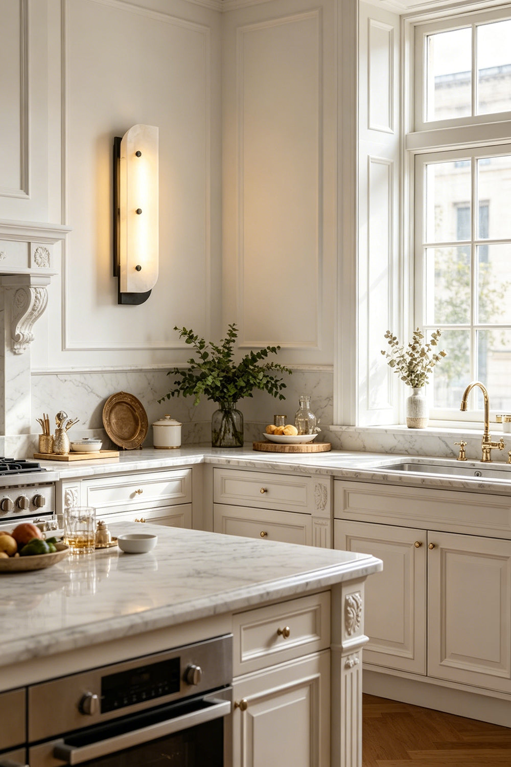 Lunar Veil lamp in kitchen | Alabaster, Metal | Sconce above marble counter near window | Samu Lamp