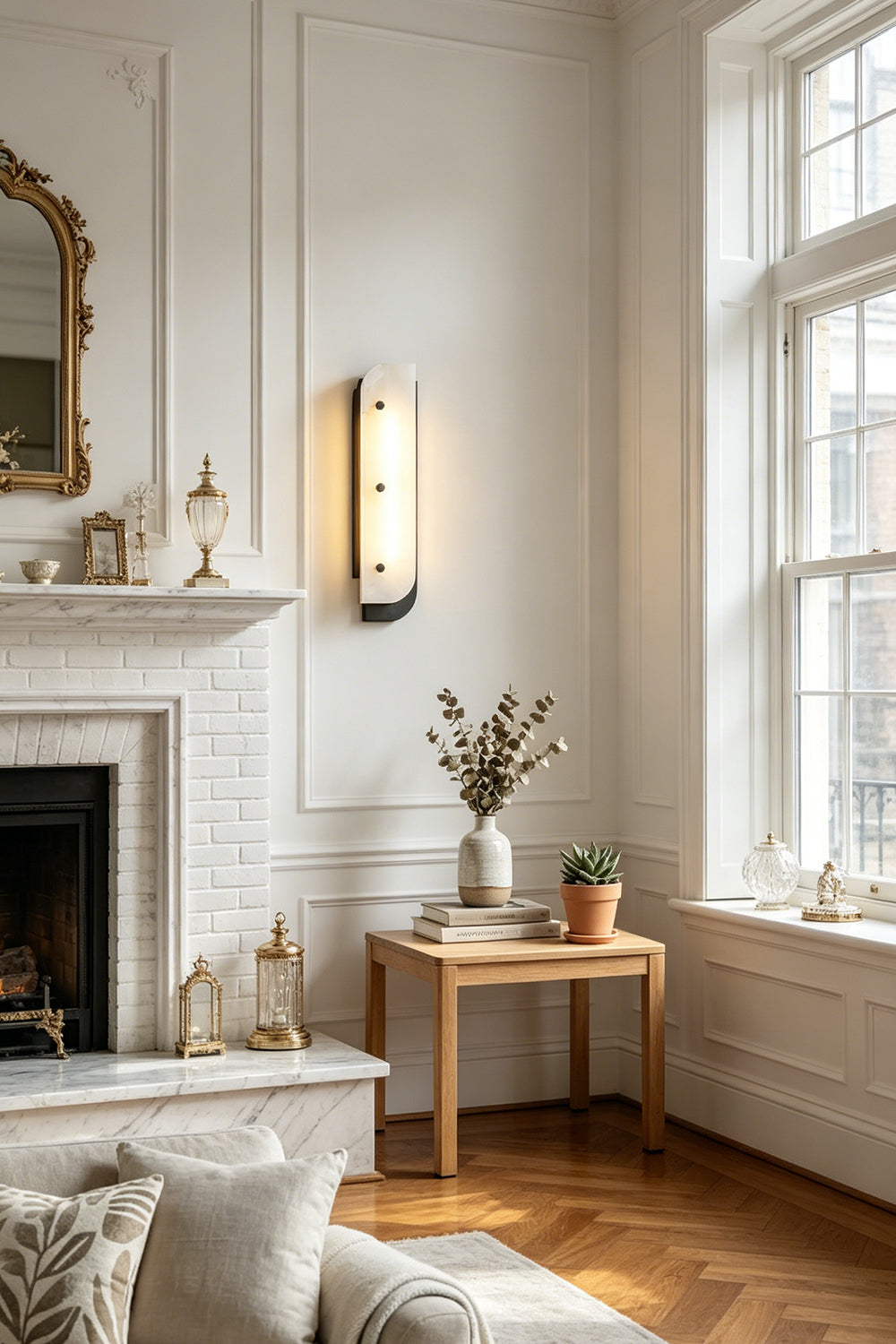 Modern alabaster wall light | Alabaster, Metal | Living room next to fireplace and side table | Samu Lamp