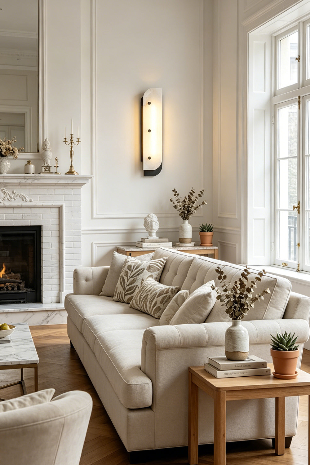 Illuminated alabaster sconce | Alabaster, Metal | Above sofa near fireplace in lounge | Samu Lamp