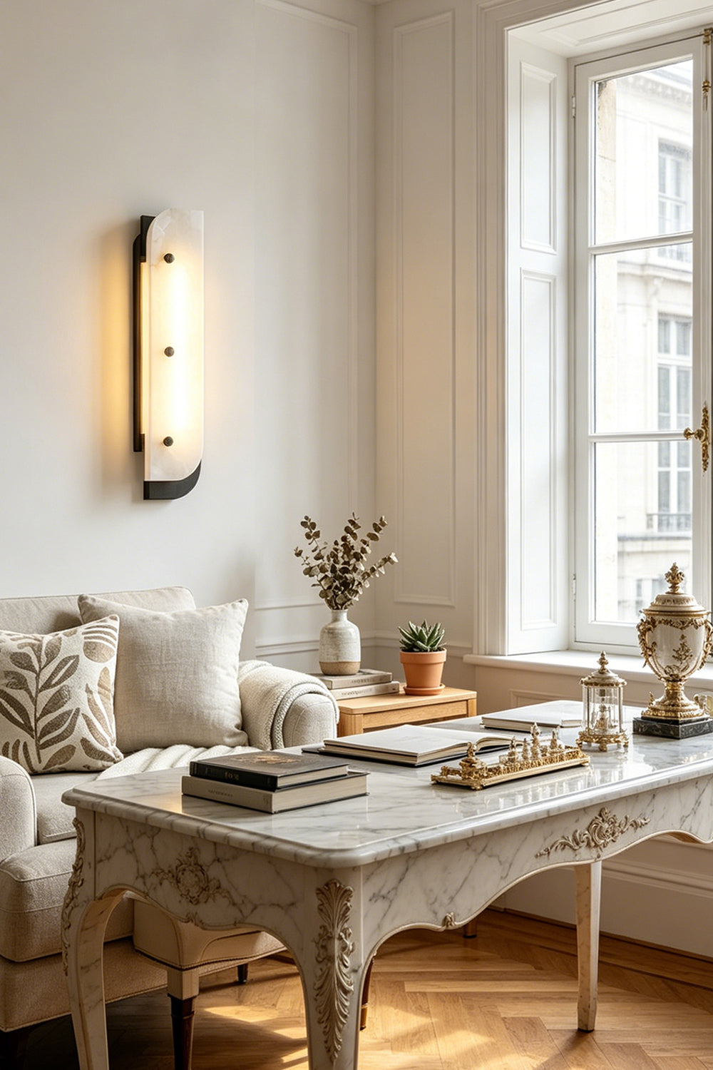 Detailed view of alabaster lamp | Alabaster, Metal | Internal LED strip and brass hardware close-up | Samu Lamp