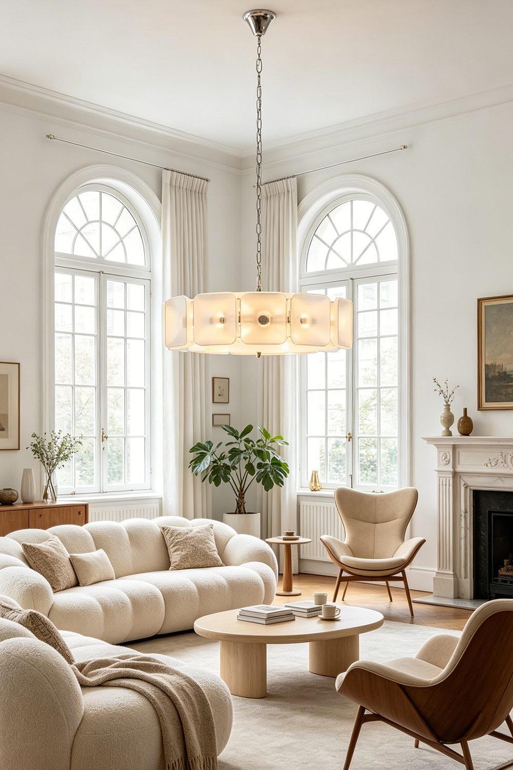 Lyra Geometric Glass Chandelier | Glass, Metal | Styled as grand overhead lighting in a luxurious classical living room featuring arched windows and cream upholstery | Samu Lamp