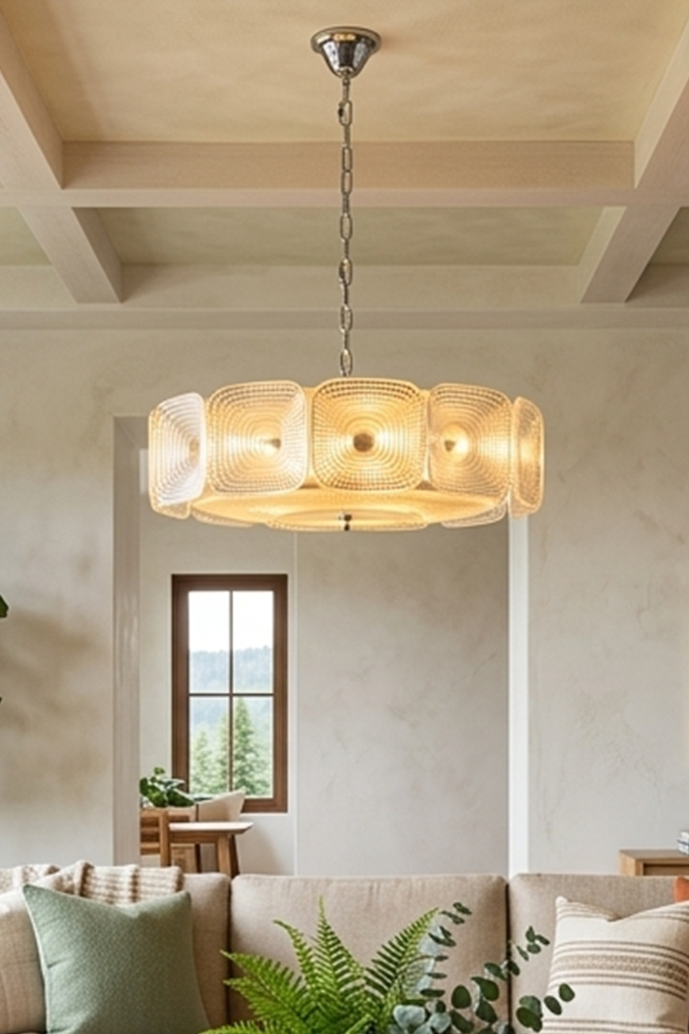 Lyra Geometric Glass Chandelier | Glass, Metal | Low-angle interior view focusing on the glowing glass ring chandelier suspended from a clean ceiling in a modern home | Samu Lamp