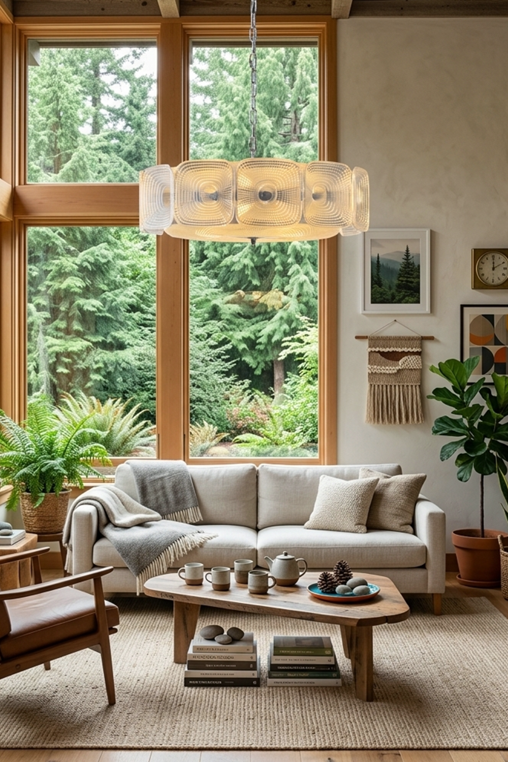 Lyra Geometric Glass Chandelier | Glass, Metal | Illuminating a rustic mid-century living space with large scenic windows overlooking lush green garden trees | Samu Lamp