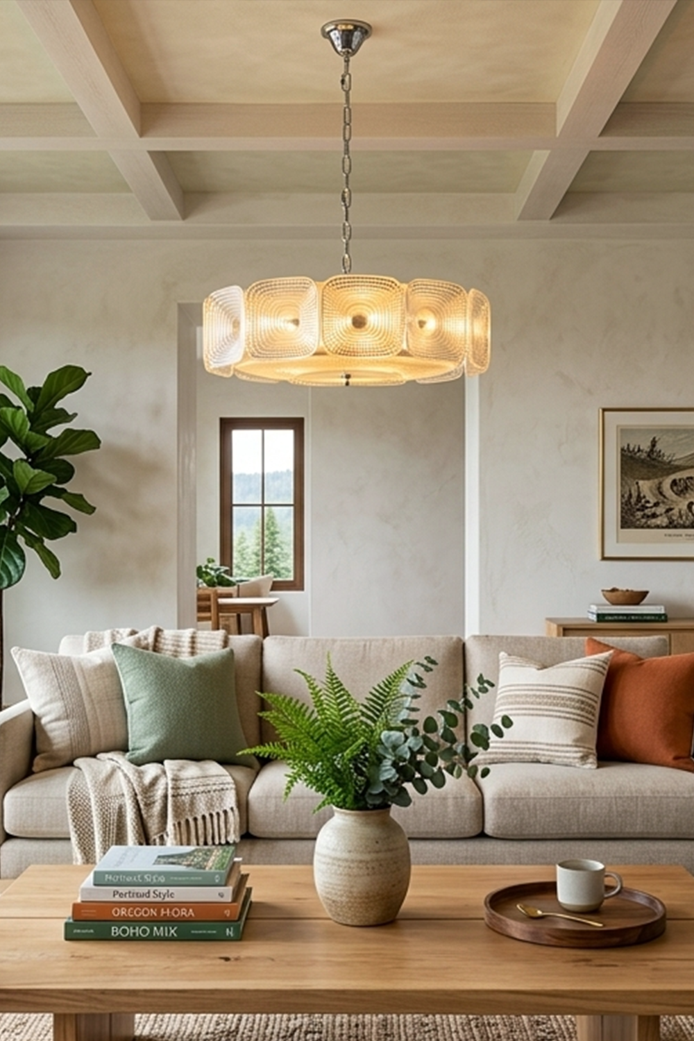 Lyra Geometric Glass Chandelier | Glass, Metal | Suspended as an elegant centerpiece in a contemporary living room with a cream sofa, wooden ceiling beams, and warm ambient decor | Samu Lamp
