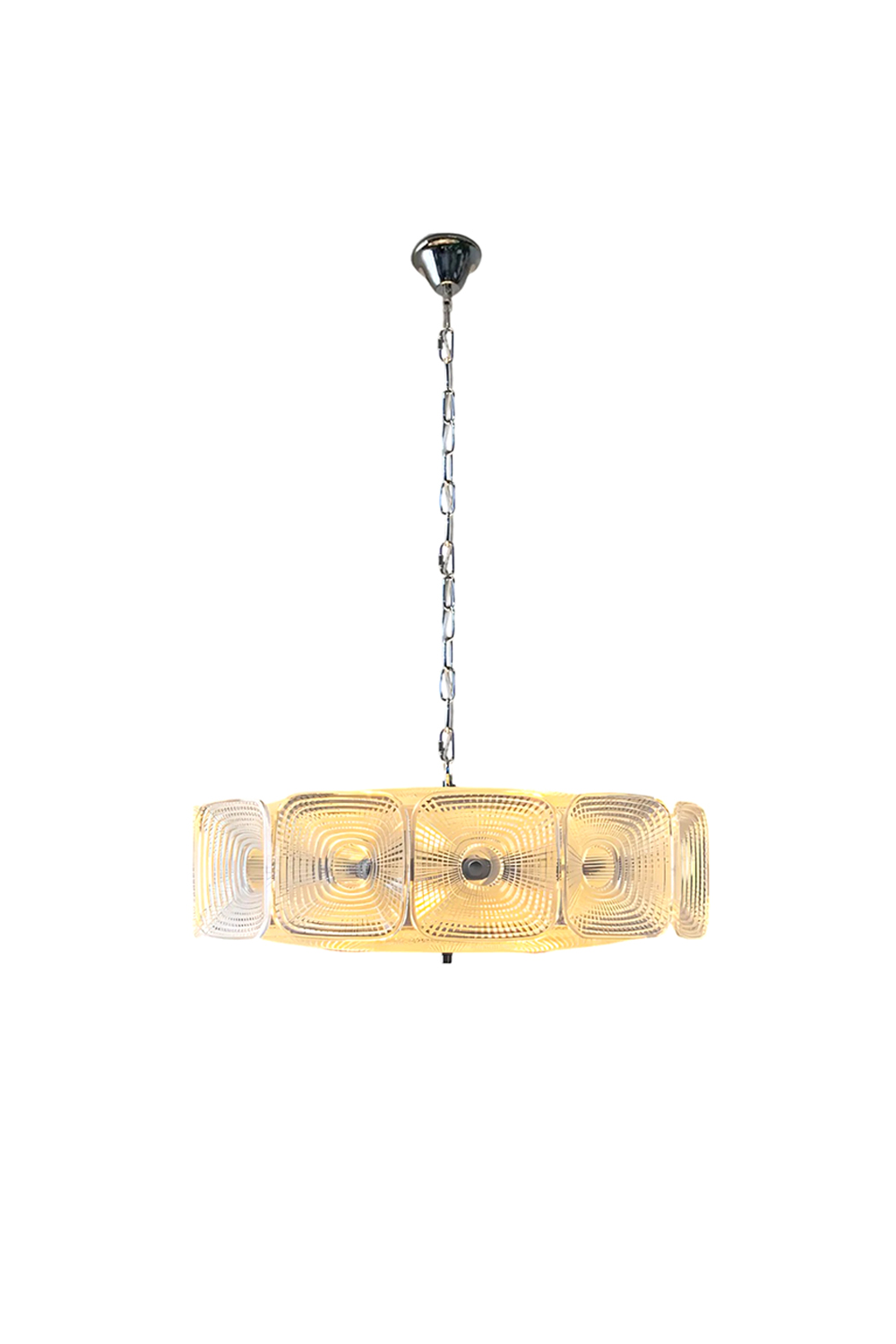 Lyra Geometric Glass Chandelier | Glass, Metal | Fully lit modern circular ring chandelier featuring textured square glass panels with concentric geometric groove patterns on a silver chrome frame | Isolated product shot on white background | Samu Lamp