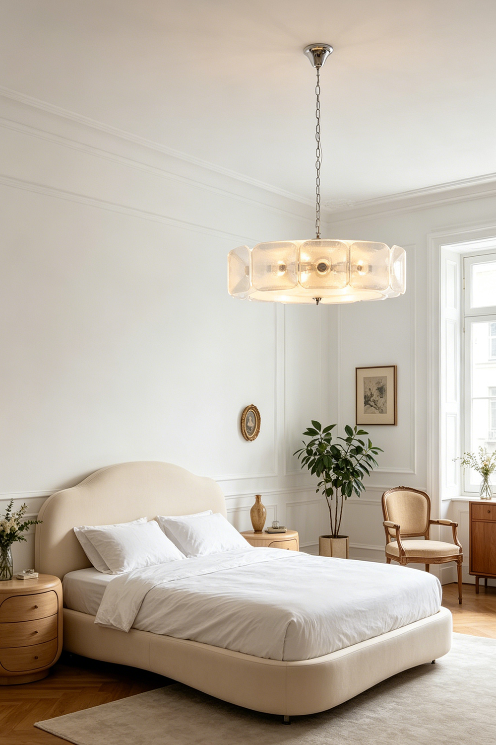Lyra Geometric Glass Chandelier | Glass, Metal | Positioned as a calming bedroom light fixture casting a warm glow over a minimalist cream bed and neutral decor | Samu Lamp