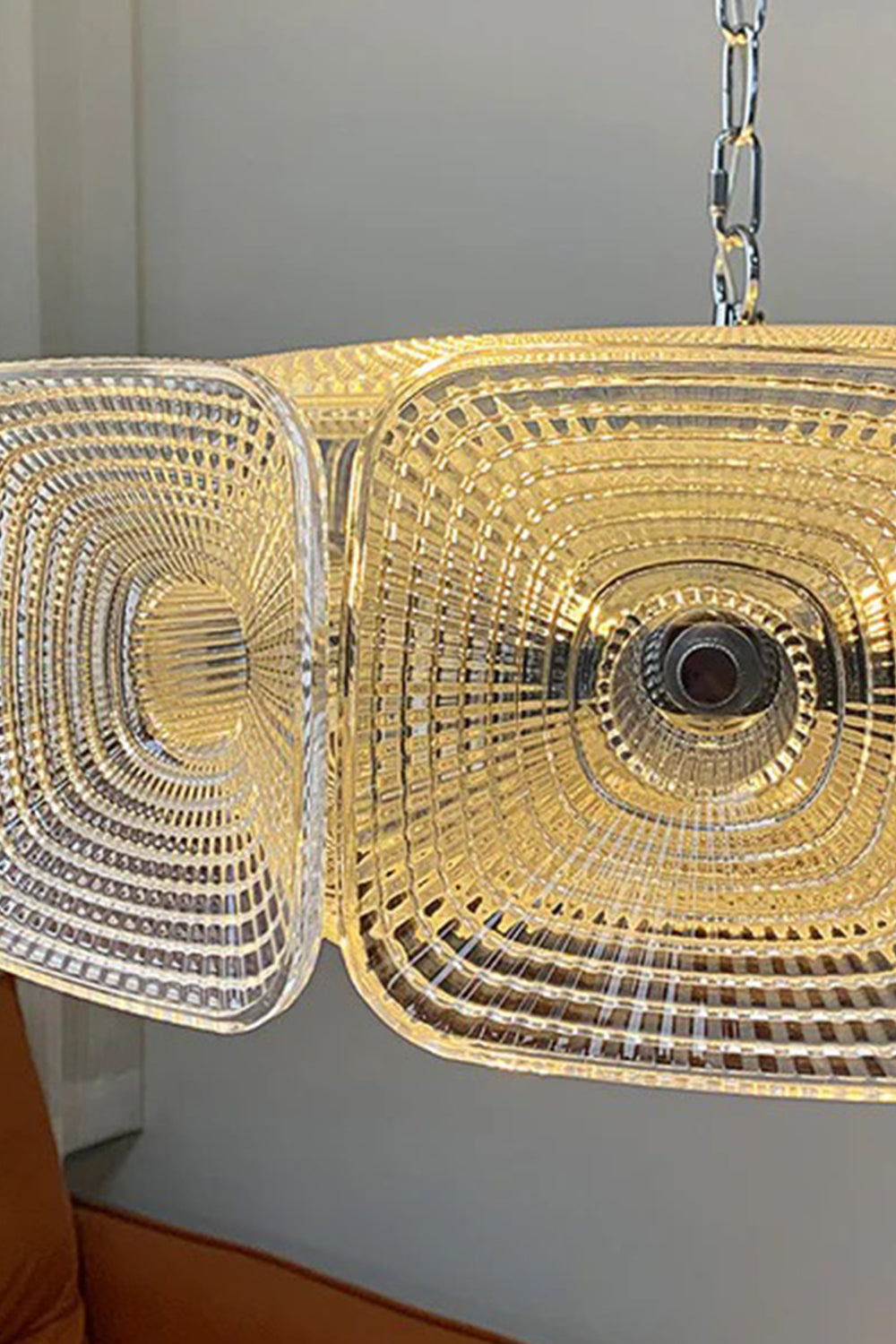 Lyra Geometric Glass Chandelier | Glass, Metal | Side profile close-up shot highlighting the interlocking square geometric glass tiles and the sleek inner metal ring structure | Detail shot | Samu Lamp