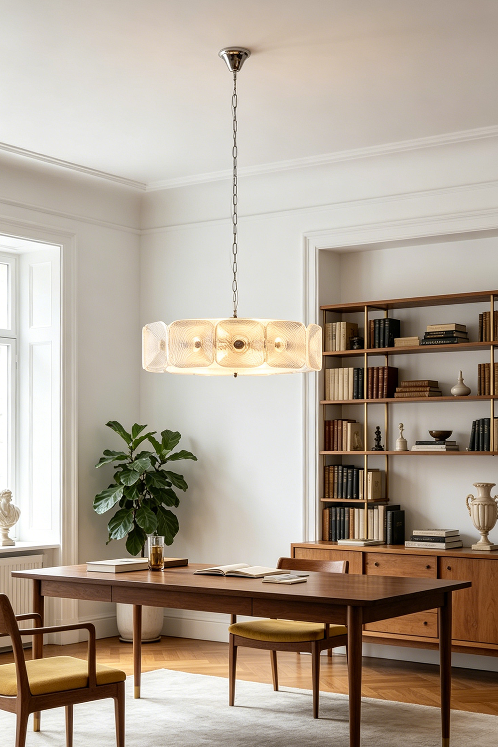 Lyra Geometric Glass Chandelier | Glass, Metal | Hanging centered over a minimalist wooden dining table and chair set in a sunlit modern dining room next to a tall bookcase | Samu Lamp