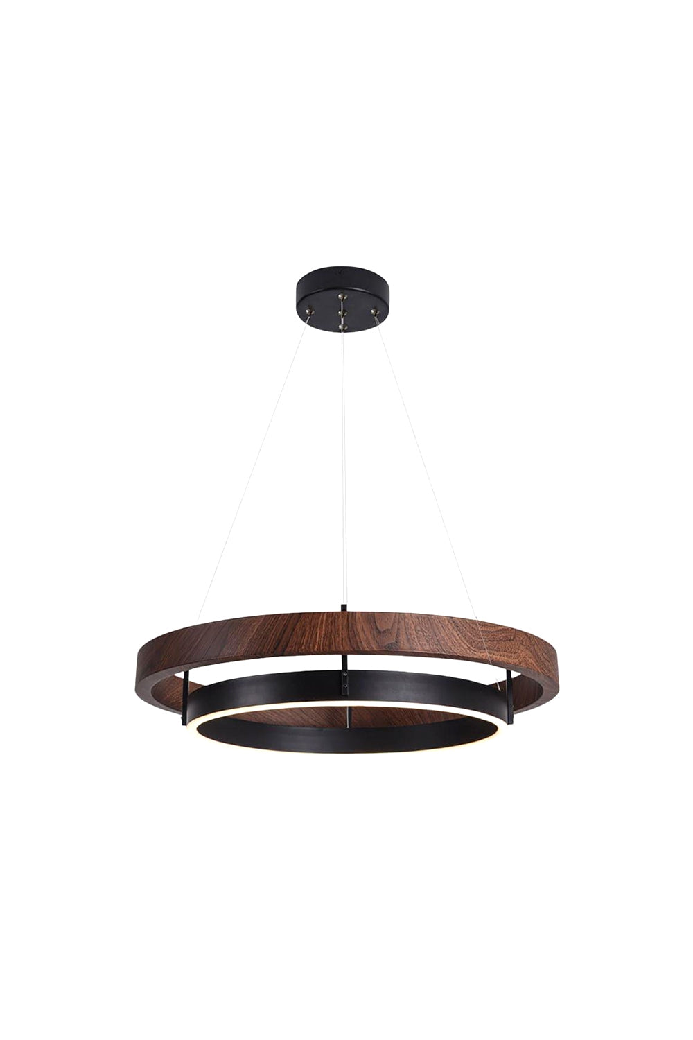 Lysander Dual-Ring LED Chandelier showcasing two offset circular bands in walnut finish with matte black accents.
