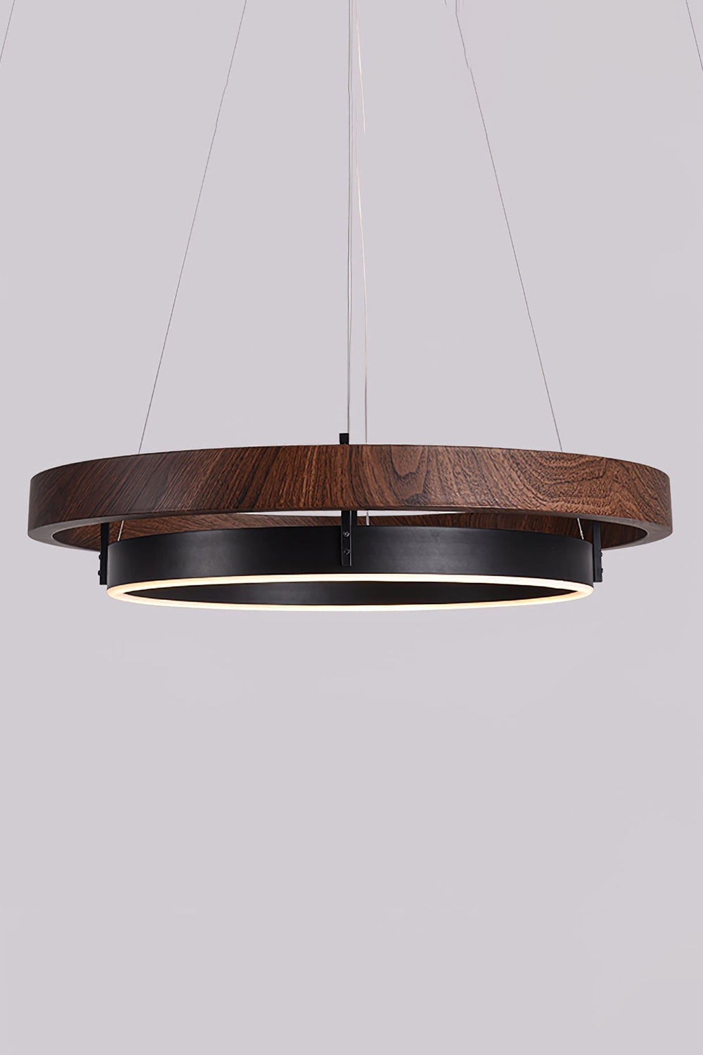 Lysander Dual-Ring LED Chandelier featuring warm walnut-grain finish and matte black metal for modern lighting decor.