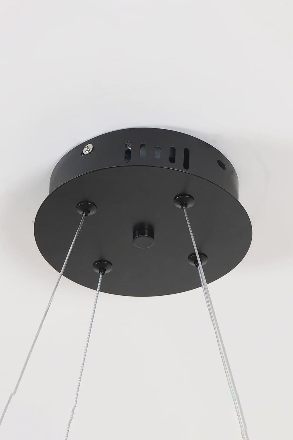 Lysander Dual-Ring LED Chandelier ceiling mount with black finish and wires for suspension.
