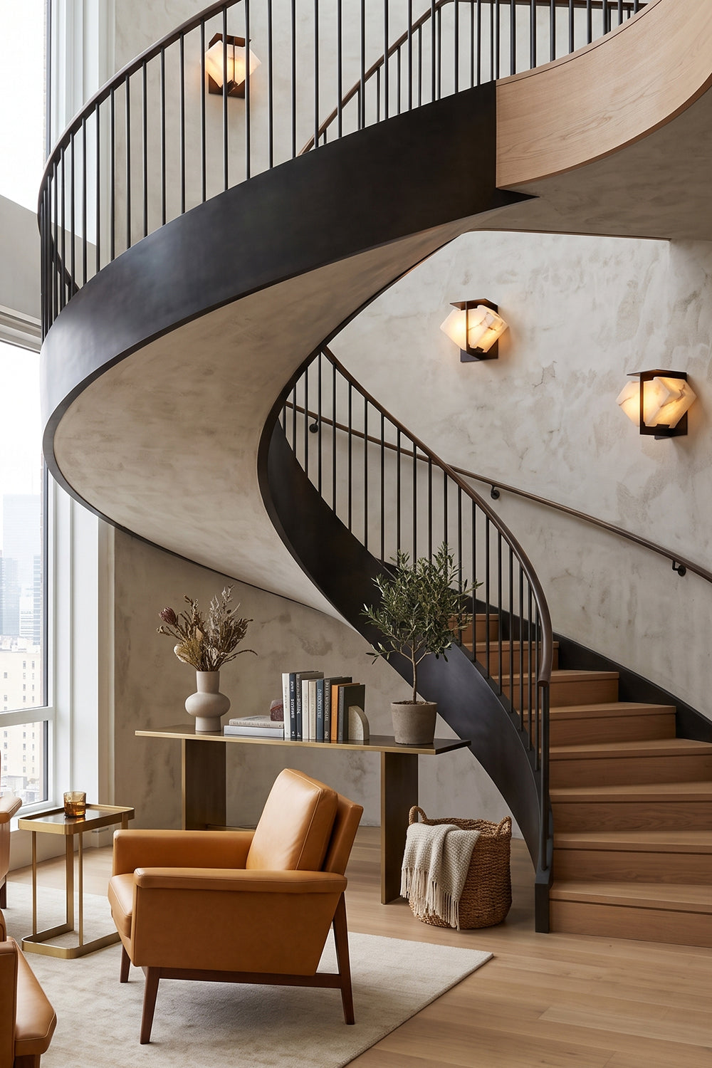 Lysandra Alabaster Folded Halo Wall Lamp | Staircase Accent Light | Installed as sophisticated wall lighting along a dramatic curved spiral staircase wall next to an orange armchair | Samu Lamp