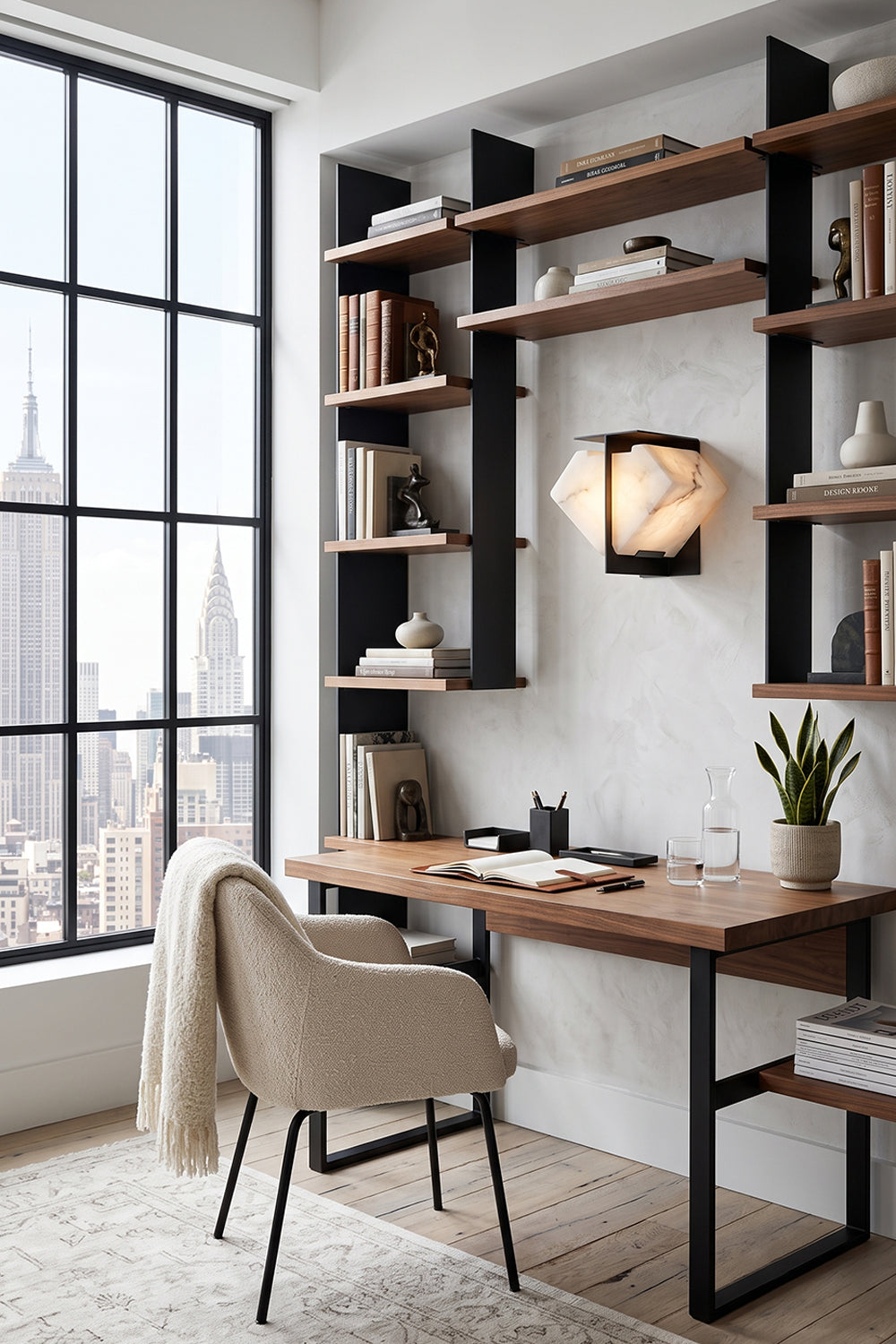 Lysandra Alabaster Folded Halo Wall Lamp | Home Office Decor | Staged as stylish accent wall lighting in a modern loft study space next to a wooden writing desk and industrial shelving | Samu Lamp