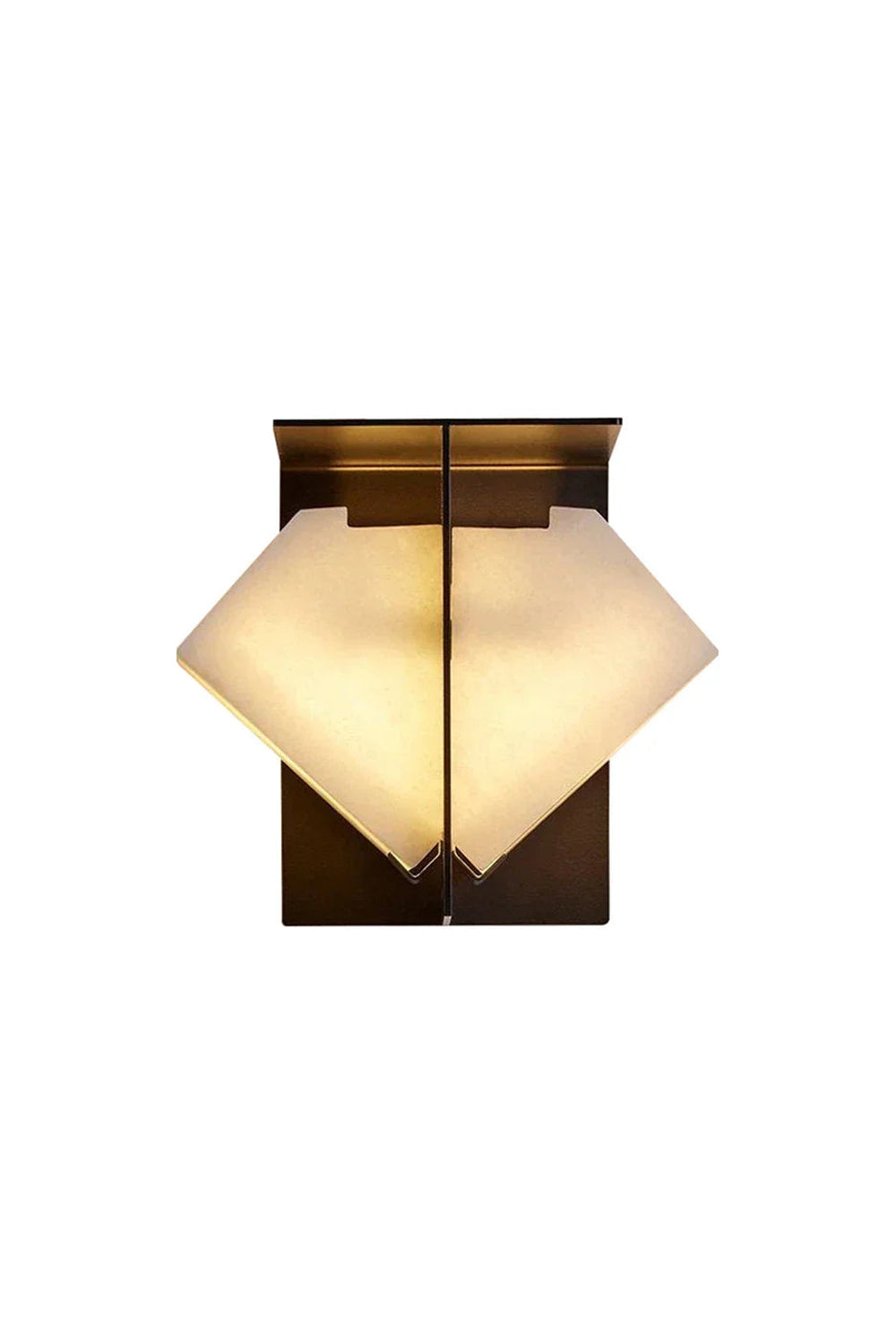 Lysandra Alabaster Folded Halo Wall Lamp | Alabaster, Bronze | Isolated lit view of an architectural geometric wall sconce featuring a folded diamond envelope-like natural white alabaster shade on a dark bronze backing plate | White background | Samu Lamp