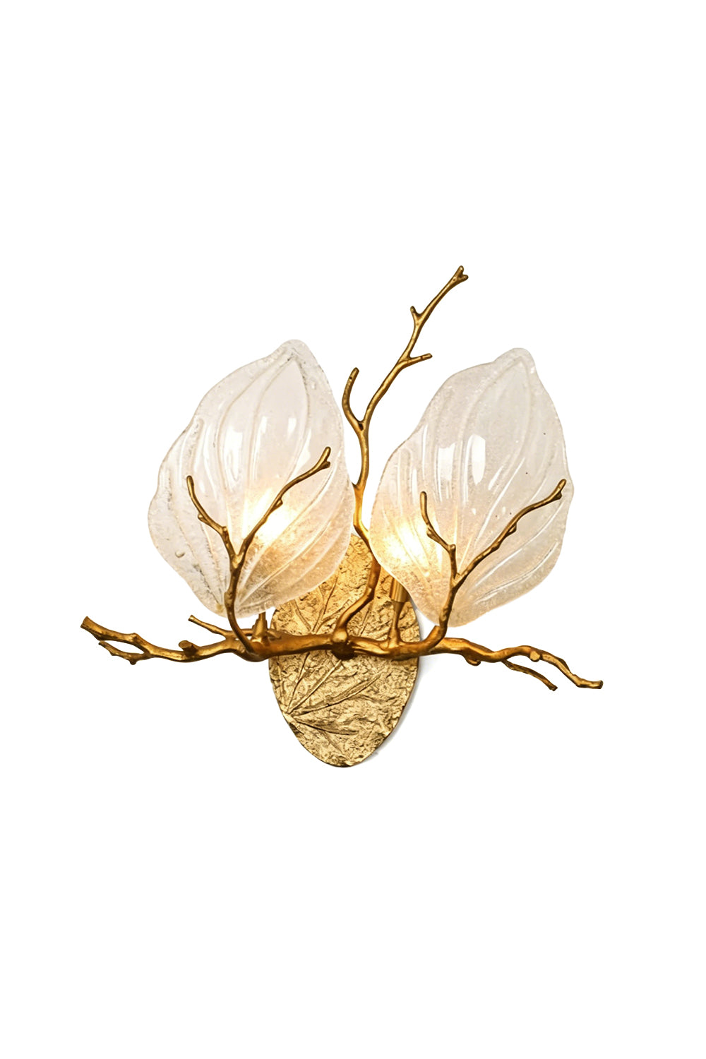 Magnolia Arbor Brass Wall Lamp | Brass, Glass | Organic dual magnolia petal glass shades cradled by sculpted golden brass branches on a textured oval base | Isolated lit product shot on white background | Samu Lamp