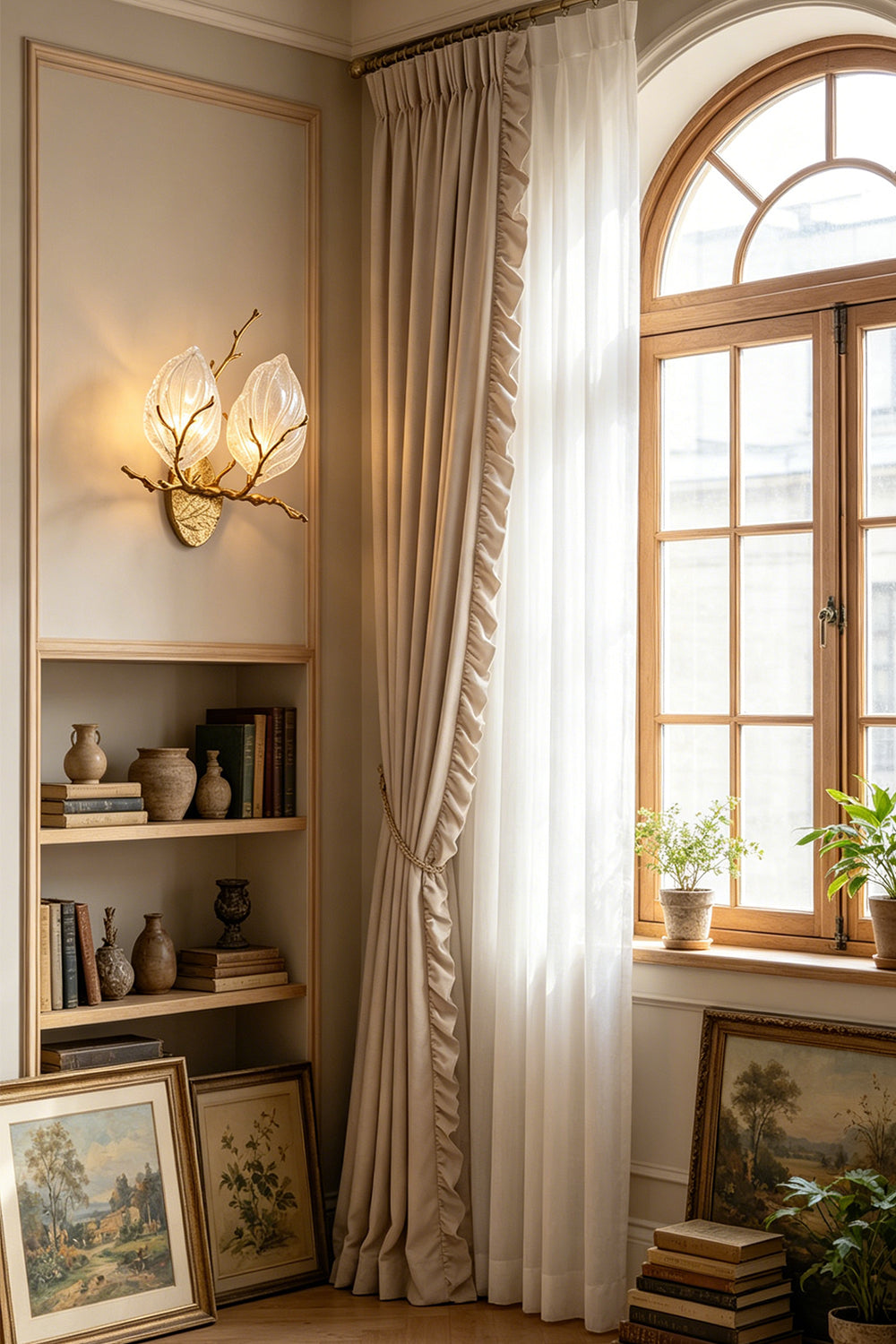 Magnolia Arbor Brass Wall Lamp | Brass, Glass | Positioned on a wall beside an arched window and a lower open display shelf with books and art | Samu Lamp