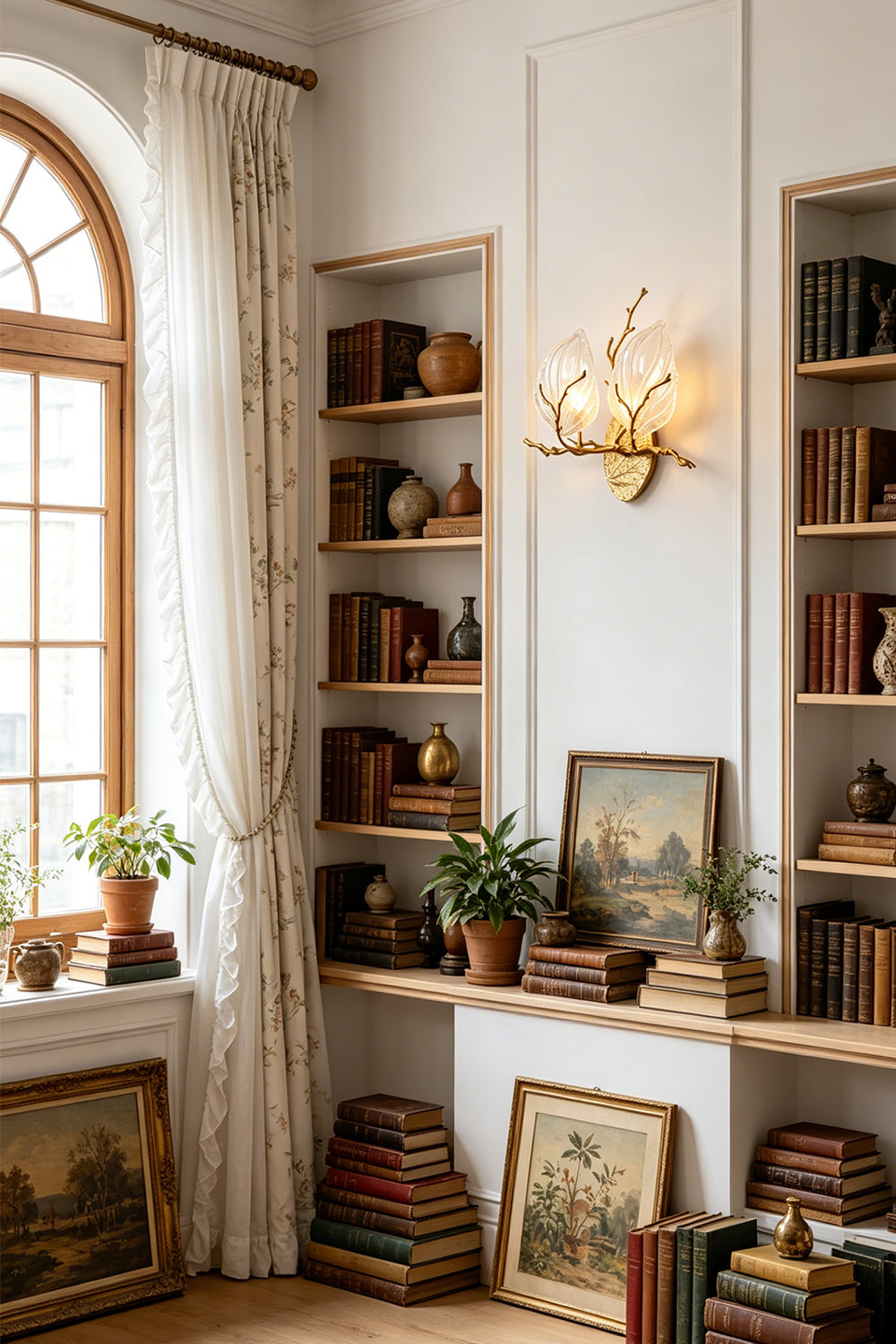 Magnolia Arbor Brass Wall Lamp | Brass, Glass | Providing warm ambient lighting in a cozy home library nook filled with books and art frames | Samu Lamp