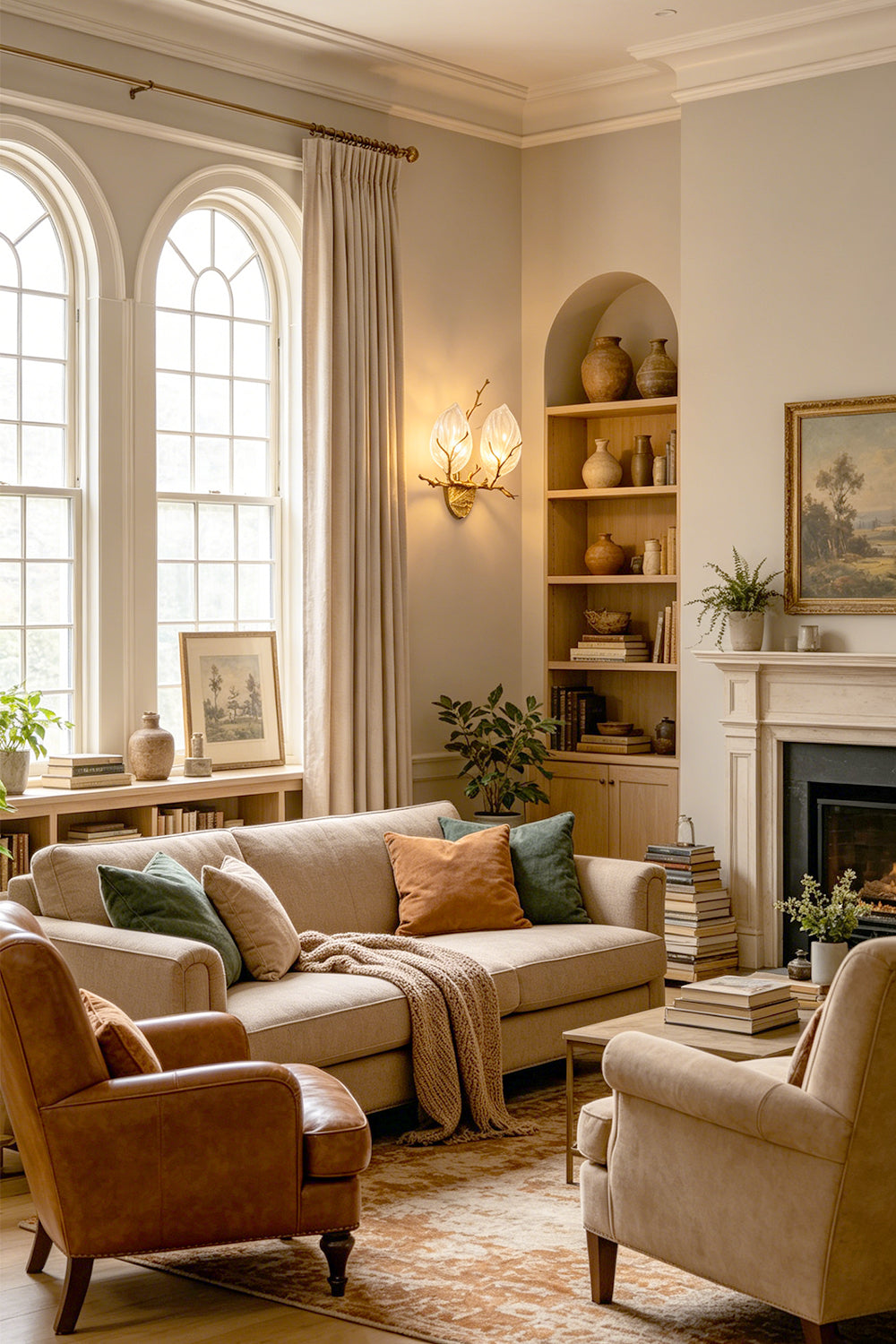 Magnolia Arbor Brass Wall Lamp | Brass, Glass | Featured as elegant accent lighting in a traditional living room with a beige sofa and leather armchair | Samu Lamp