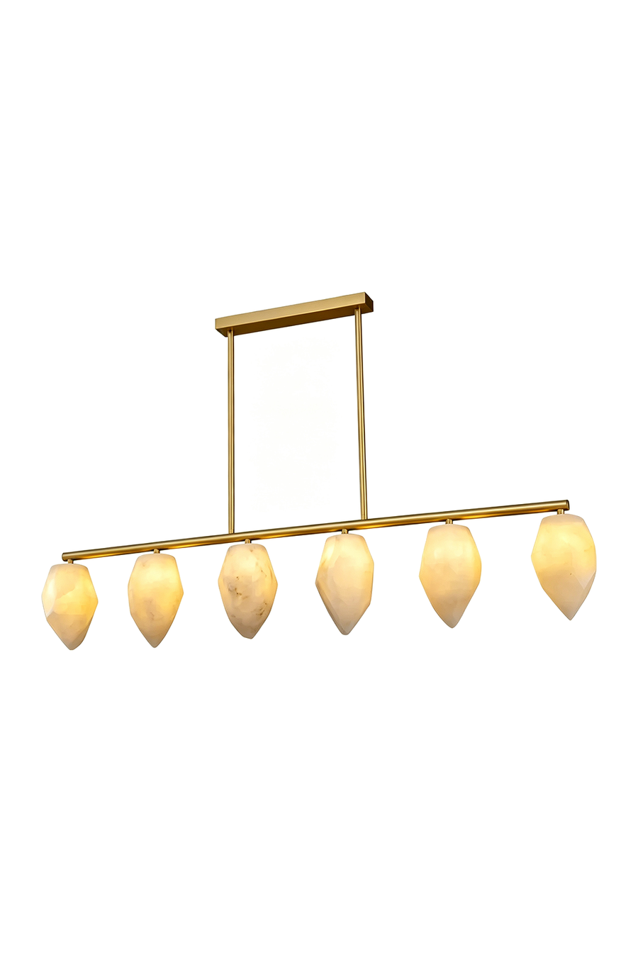 Manon Alabaster Drop Linear Chandelier | Natural Alabaster and Brass | Front full view on a pure white background, illuminated | Samu Lamp