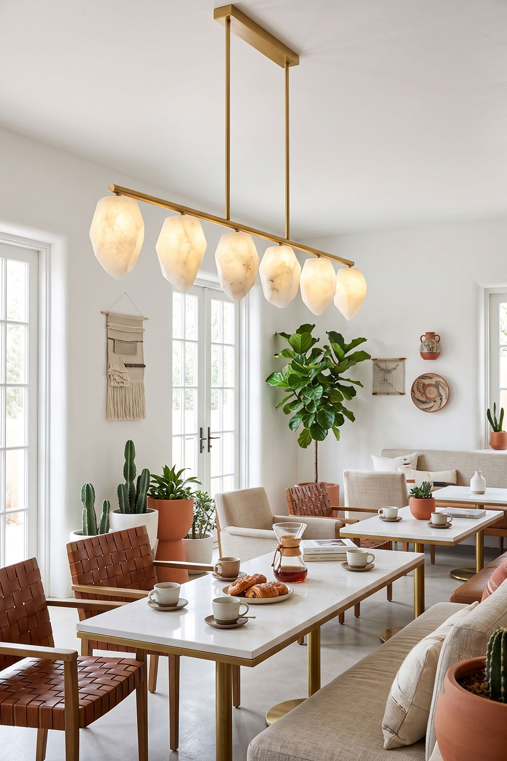 Manon Alabaster Drop Linear Chandelier | Natural Alabaster and Brass | Hanging above a wooden dining table in a bright room with potted plants | Samu Lamp