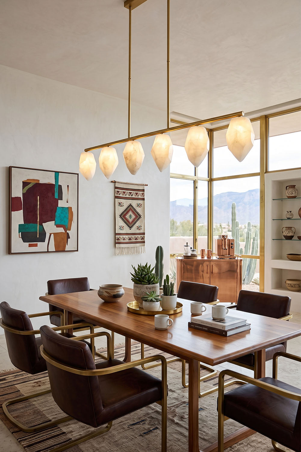 Manon Alabaster Drop Linear Chandelier | Natural Alabaster and Brass | Centered above a formal dining table with leather chairs and abstract wall art | Samu Lamp
