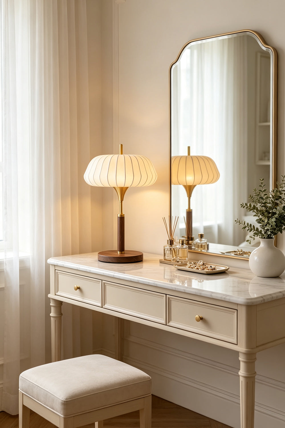 Maren Woven Silk Gourd Table Lamp | Woven Silk, Brass and Wood | Set on a classic white dressing table in front of a mirror | Samu Lamp