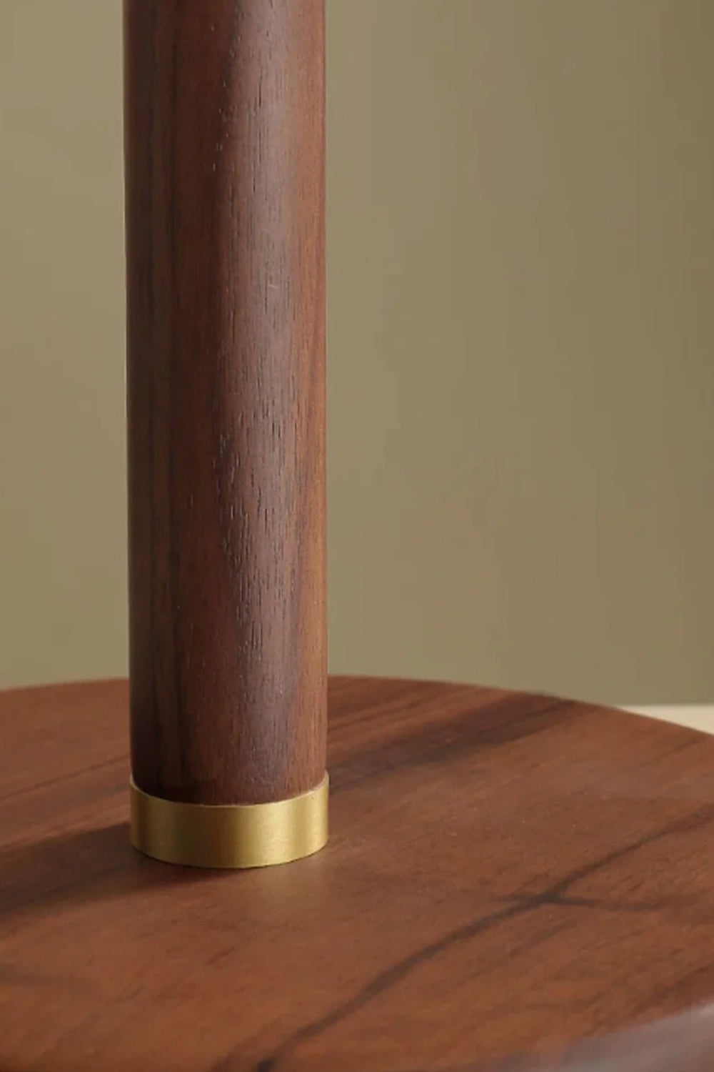 Maren Woven Silk Gourd Table Lamp | Woven Silk, Brass and Wood | Close-up detail of the smooth wooden stem and brass base ring | Samu Lamp